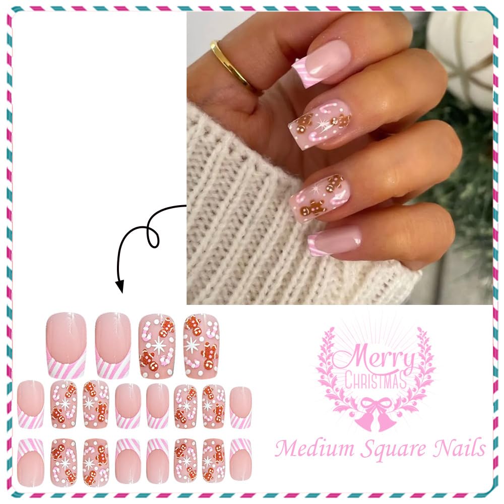 Pink French Tip Press on Nails Christmas Gingerbread Man Cane Nude Pink Nails Press ons Medium Square Fake Nails for Women Full Cover Cute Christmas Glue on Nails Holiday Nails