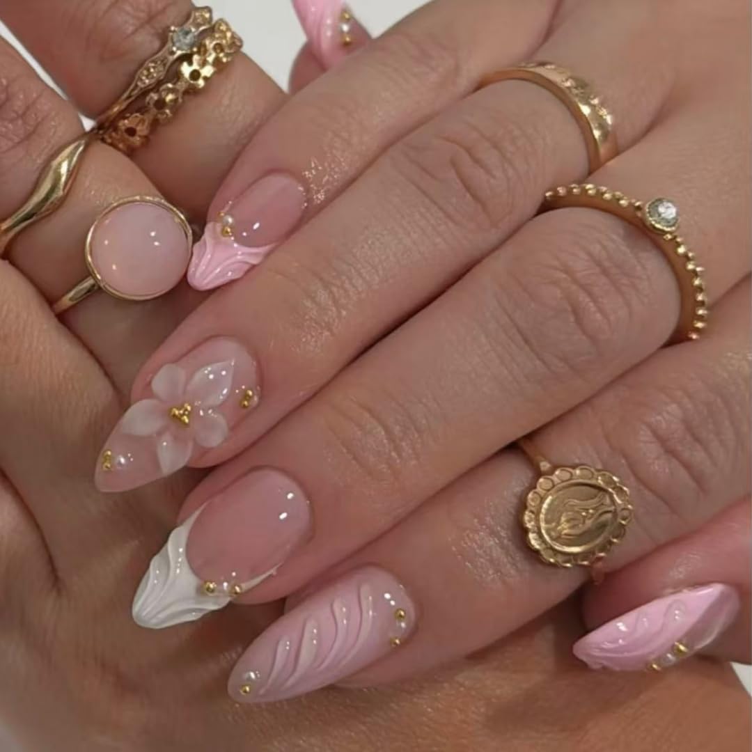 Handmade French Tip Press on Nail Almond Fake ons with Designs Chrome False Nails Long Glossy Full Cover Glue on Nails Stick Women Nails Manicure Decoration 10Pcs (MT-169-S)