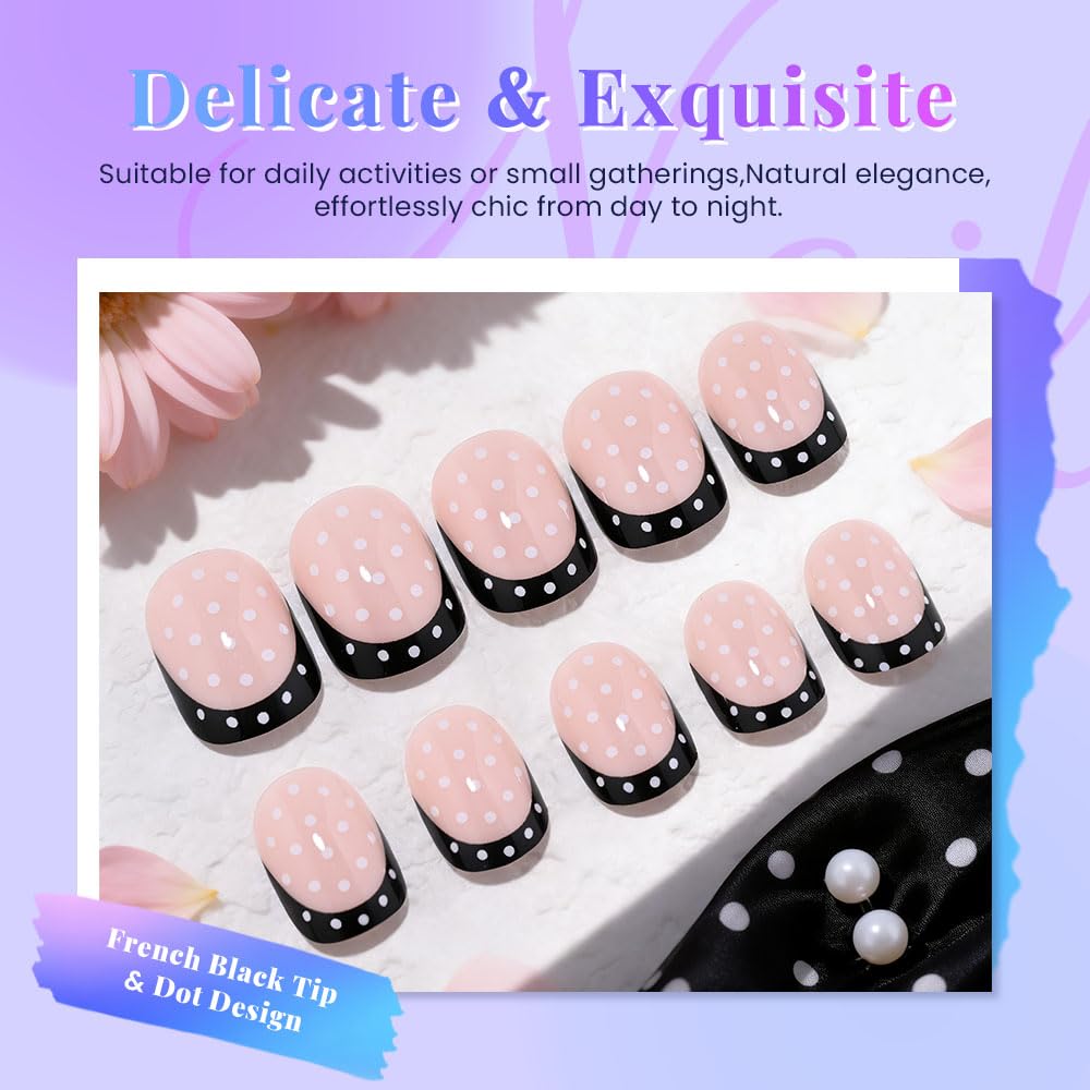 XZMeiLun Glossy Black Polka Dot French Tips Press On Nails Short Round – Salon-Quality Acrylic Fake Nails, Reusable Stick-Ons, Cute Mini DIY Kit | Spring Summer Nail & Girlss for Women & Daily/Party