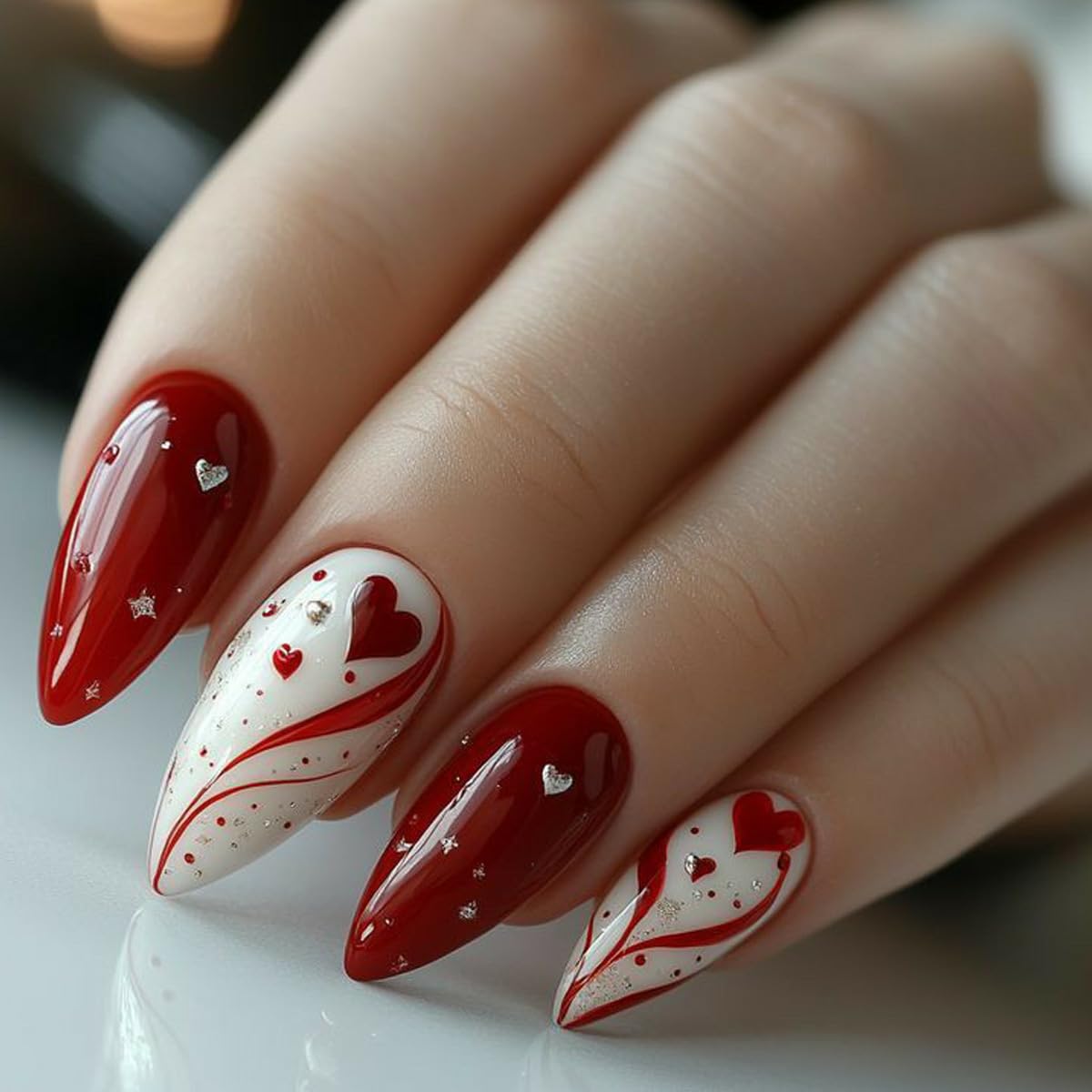 24Pcs Valentines Press on Nails Medium Almond Fake Nails Red False Nail Tip Kit with Soft Lines Heart Designs Sparkly Glossy Glue on Nails Reusable Full Cover Acrylic White Stick on Nail for Women