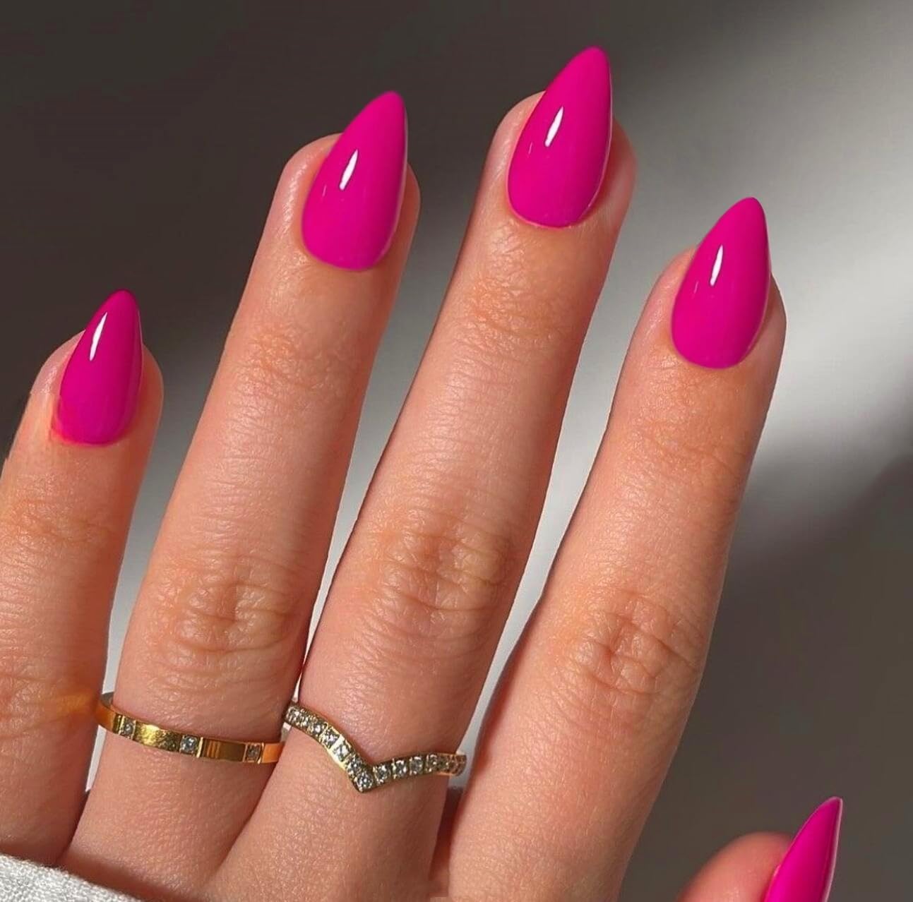 KQueenest Hot Pink Press on Nails Short Almond - 30 Pcs Reusable Fake Nails Glue on, Thick Natural Fit Acrylic Nails Short Stiletto, Salon Quality Stick on Nails for Women Summer Decoration