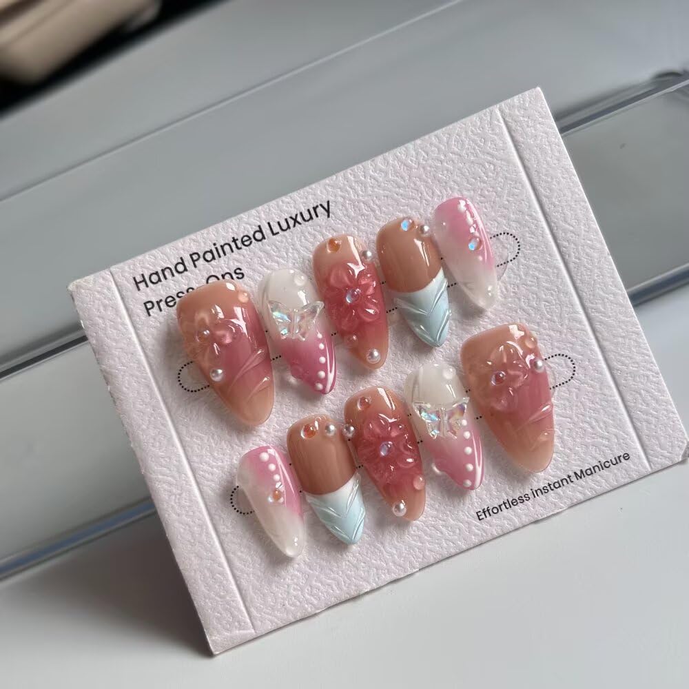 Handmade Press on Nails Medium Almond Fake Nails Blue French Tip with 3D Pearl Design Stick on Nails Pink Artificial Nail Full Cover Glue on Nails for Women DIY 10 Pcs (Size S）