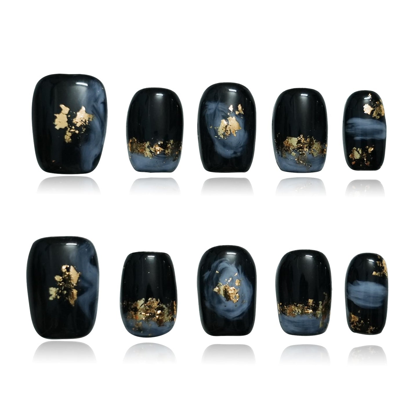Tesytto Short Coffin Press on Nails - Handmade Black Fake Nails with Blue Ombre Glitter Gold Foil Design, High Gloss Acrylic Nails for Women, Party, Daily Wear (Playful Doodle,S)