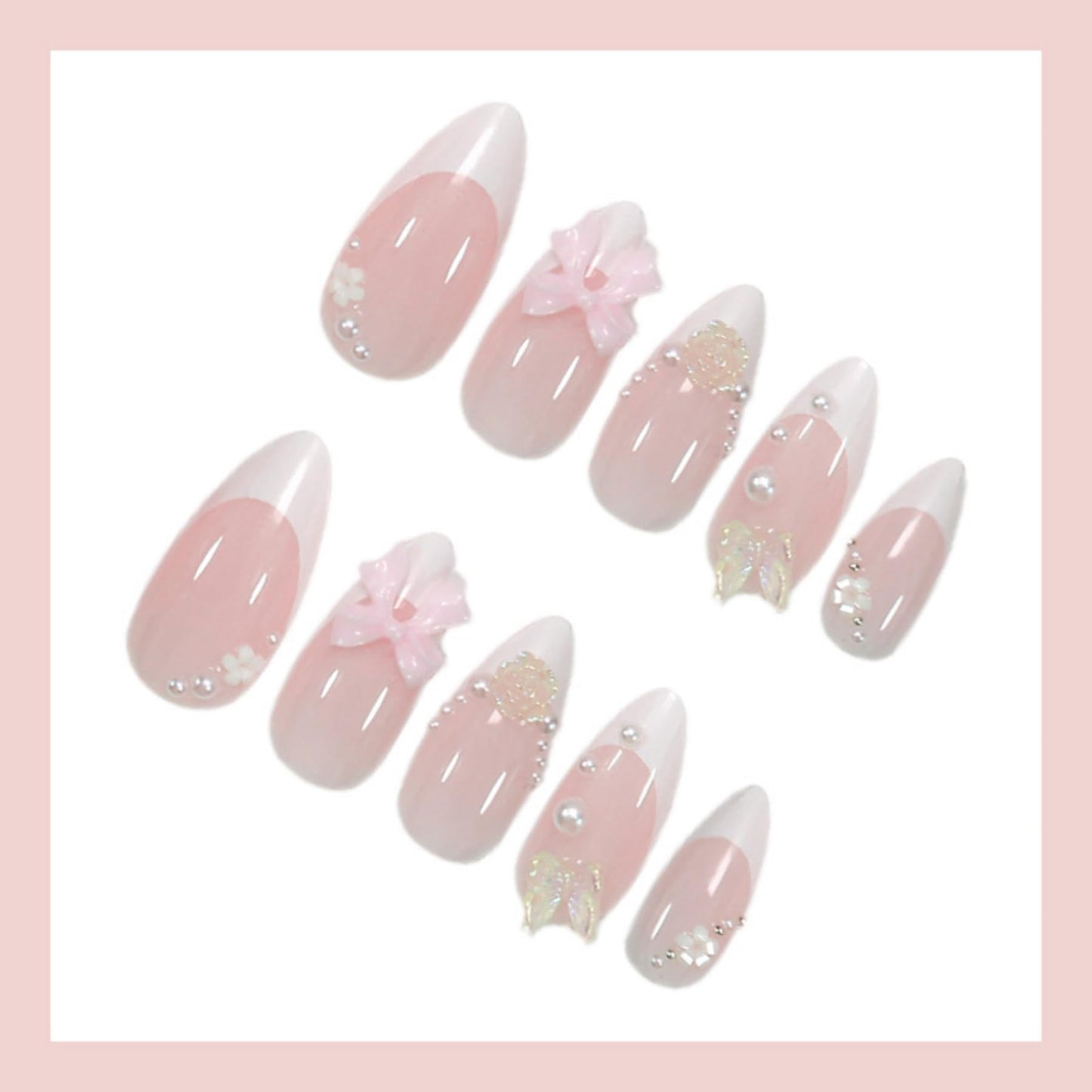 Octoswave Almond Press on Nails Medium Fake Nails White 3D Artificial Nail Butterfly and Bow Charm Stick on Nail for Women 24pcs