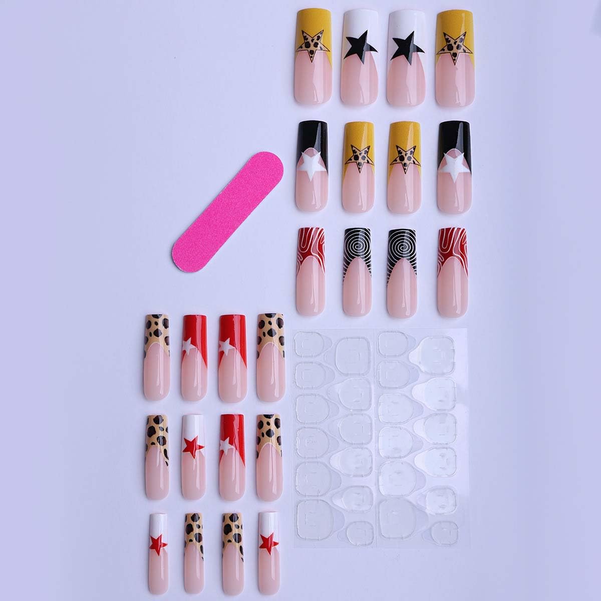 LINMEIZAI 24Pcs French Press on Nails Long Square Star Fake Nails Press ons Nail Tips, Leopard Stick on Nails Acrylic Nails Kit False Nails Swirl Tip Design Nail Art for Women Cheerful Manicure