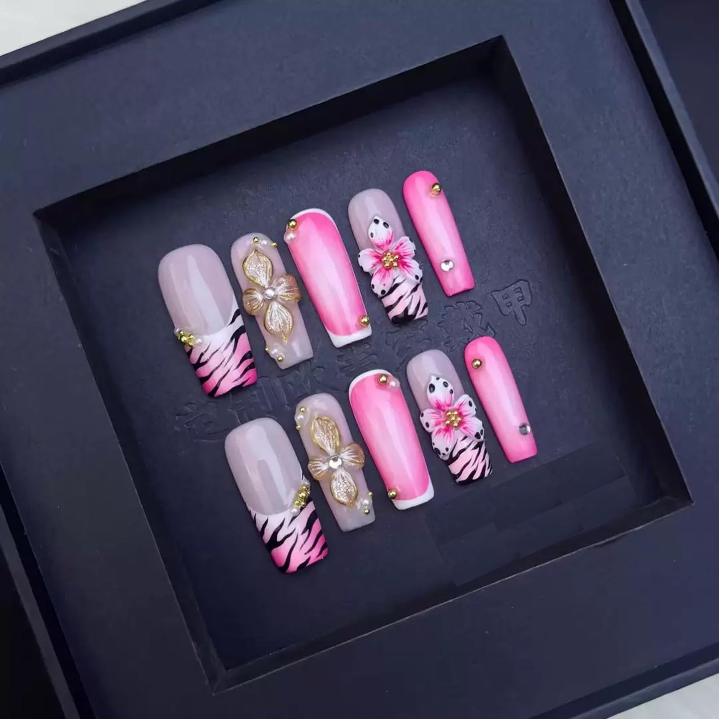 100% 5D Handmade Press on Nails Pink Flower Long Square Fake Nails Press ons Leopard French Tips False Nails Rhinestone Embossed Floral Press on Nails for Women Girls Daily Wear DIY Manicure Size M