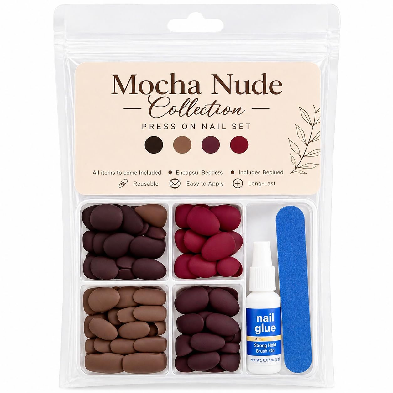 Short Almond Press On Nails – Natural Matte Nude Set, Mocha Brown & Burgundy, Clean Girl Look, Extra Strong Glue, Reusable Fake Nails