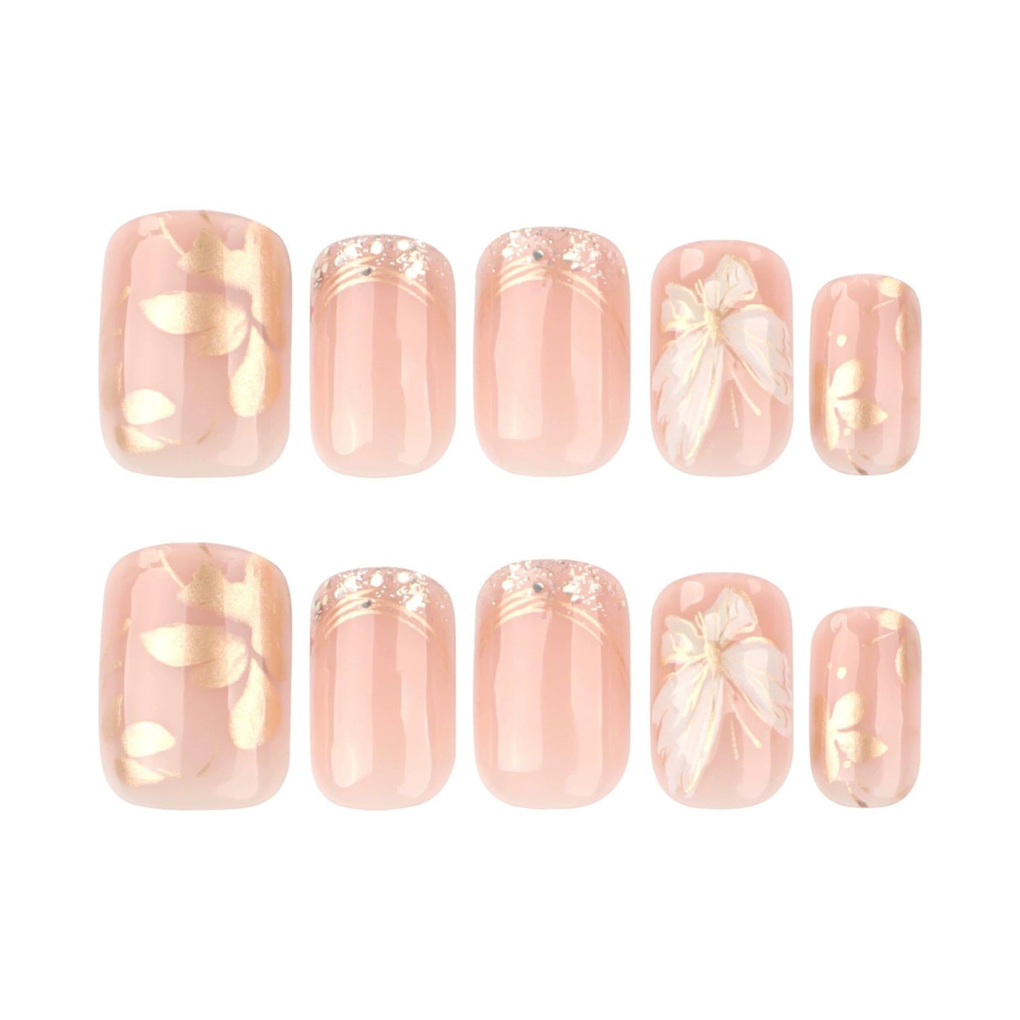 Short Square Press on Nails Gold Fake Nails Butterfly False Nails with Design Glossy Short Nail Press ons Full Cover Acrylic Nails for Women 24Pcs
