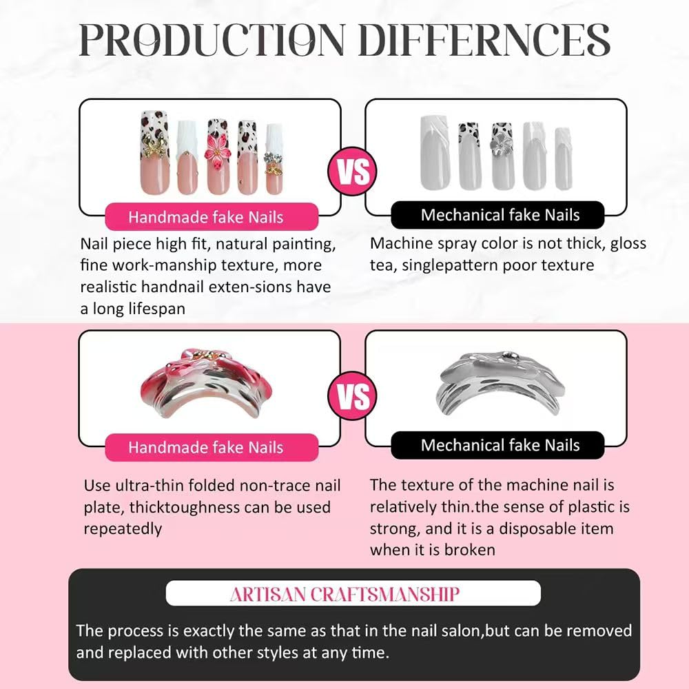 Threelegscat Square Handmade Press on Nails Medium Nails Press Ons With 3d Flower and French Tip Design Reusable Fake Nails for Women for Spring and Holiday 10pcs M Size Pattern S1108