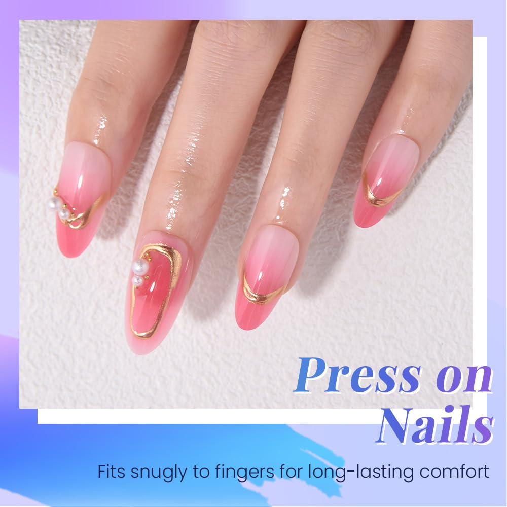 XZMeiLun Pink Ombre Gold Frame Pearl Flower Press on Nails, Medium Almond Acrylic Fake Nails Design, Natural Reusable Nails Kit for Women DIY False Nail Art Decoration Gift, Salon Quality Reusable