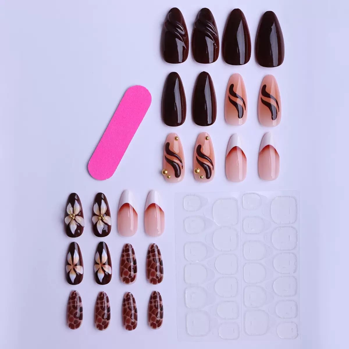 Almond Press on Nails Medium - Brown Fake Nails with Flower Design - Winter, Ombre Fasle Nails Press ons - for Women 24 Pcs