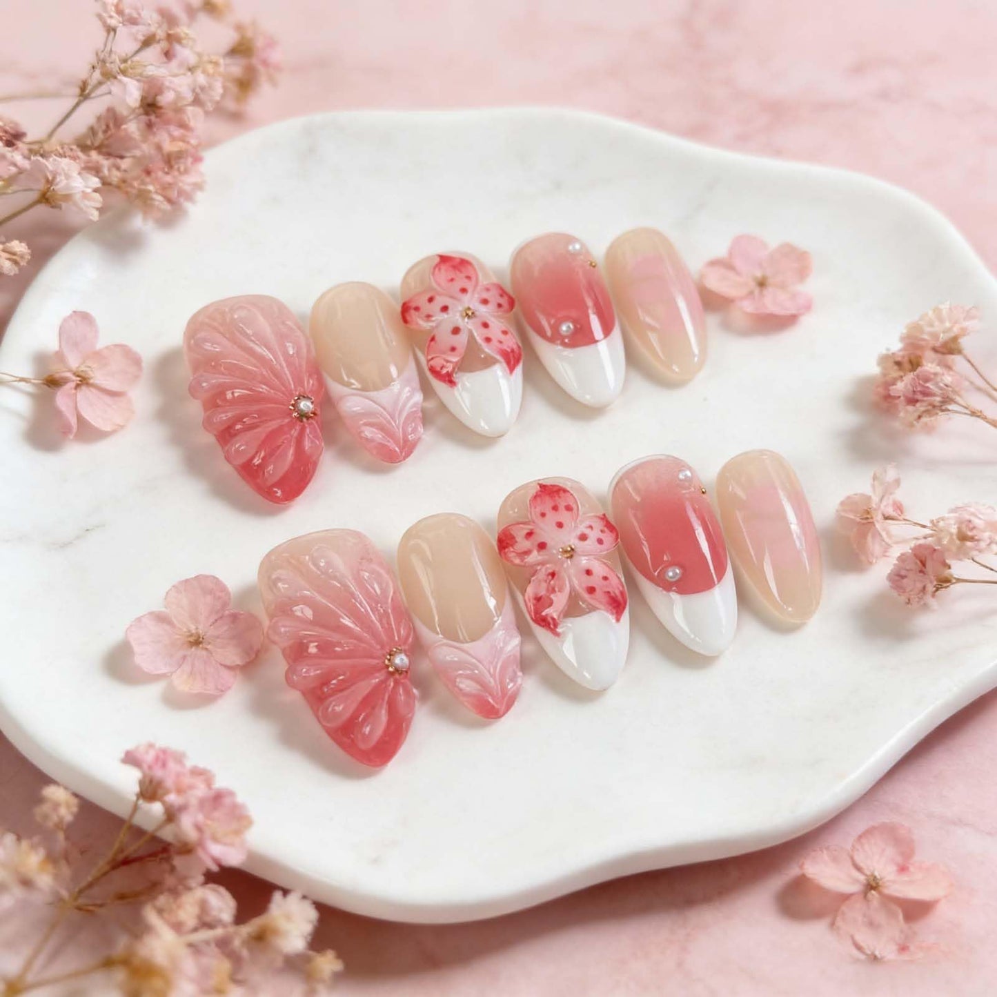 Press on Nails Pink Almond Summer Holographic Glitter False Nails with Iridescent Checkerboard Design, Reusable Fake Nails for Women 10 Piece Set M Size