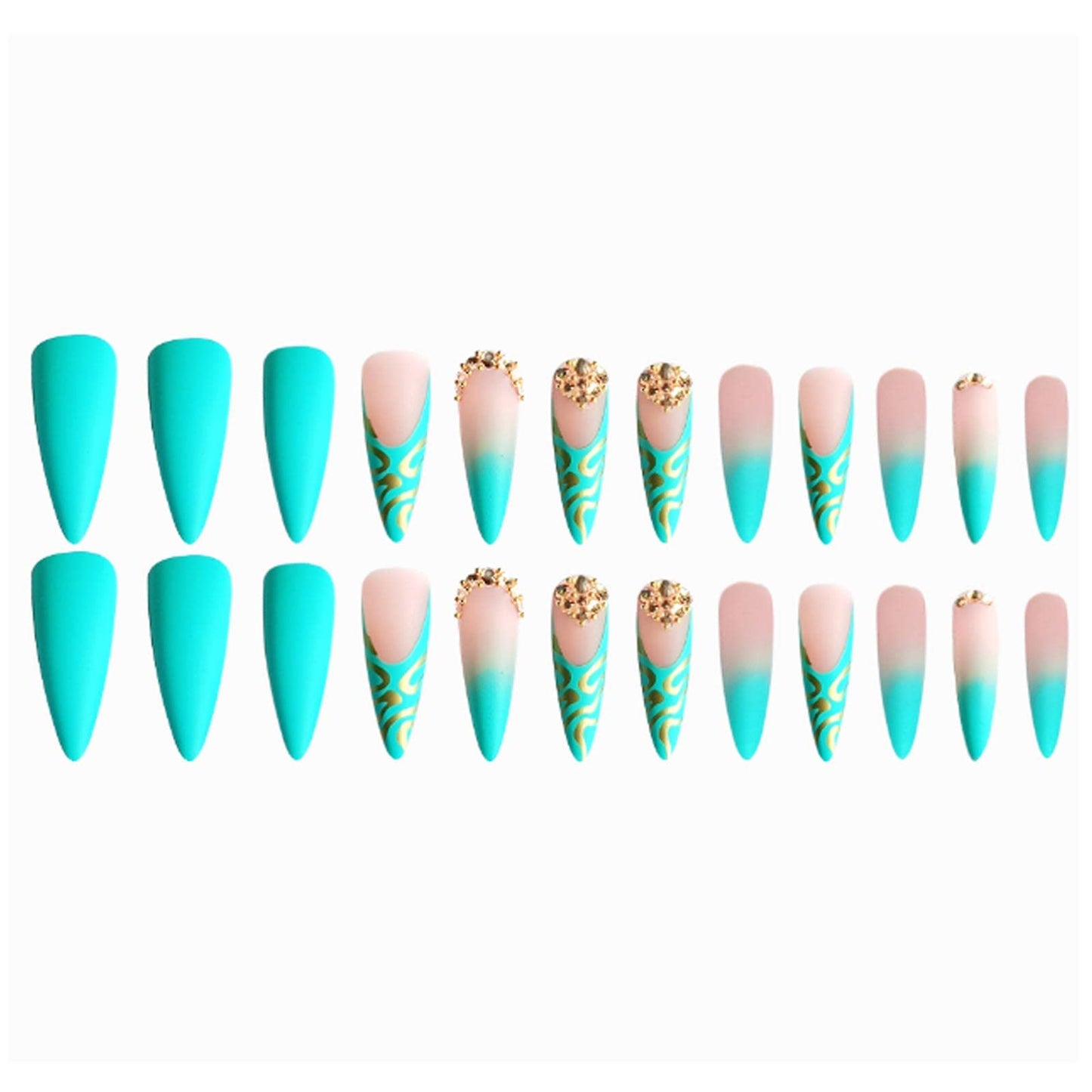 Hkanlre French Fake Nails Green Press on Nails Long Stiletto Acrylic False Nails Full Cover Rhinestones Nails for Women and Girls 24PCS
