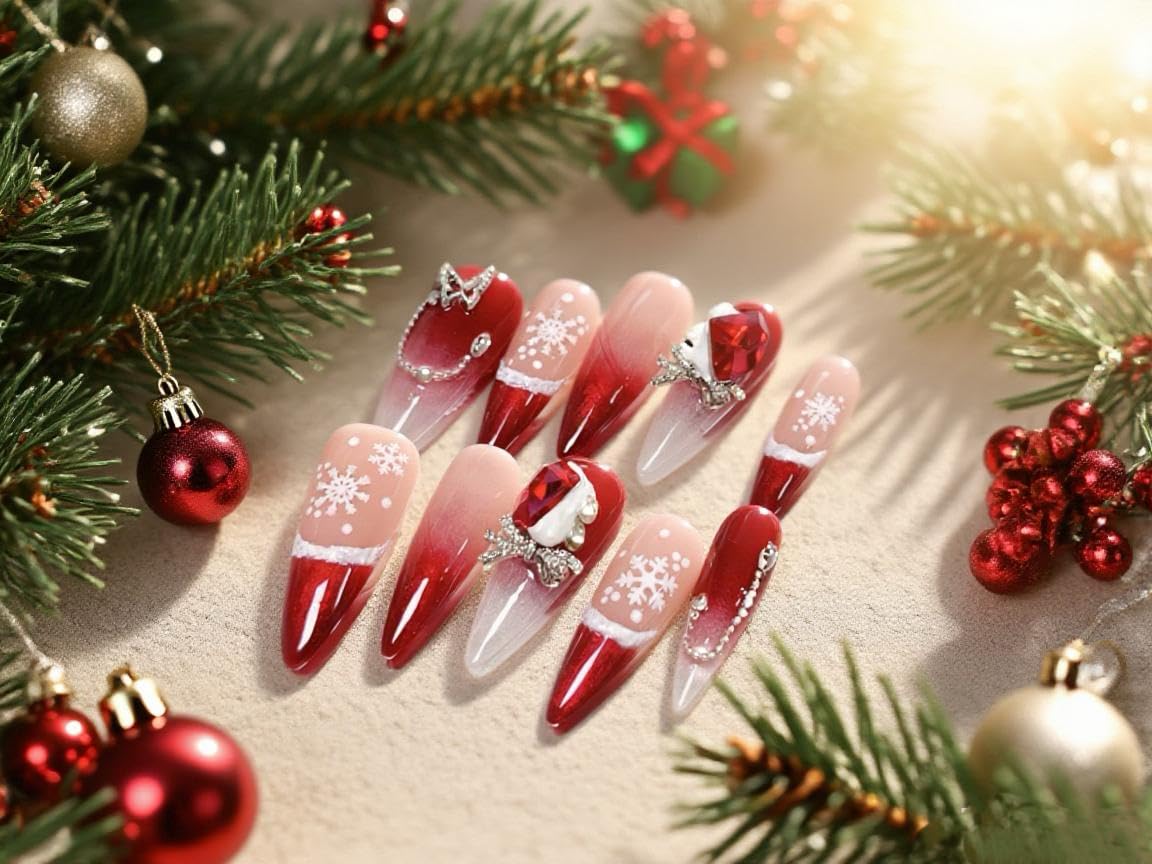 Handmade Press On Nails, Red and Pink Glitter Snowflake Design, Almond Shape,3D Handmade Press on Nails with Charms Medium Almond Fake Nails French Nails Press ons, Nails for Women Daily Wear