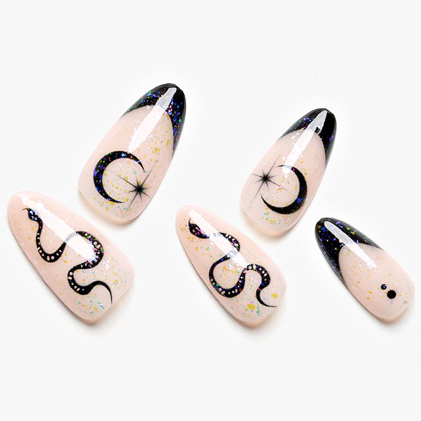 GLAMERMAID White Press on Nail Medium Almond, Natural White Crush Nail, Stiletto Fake Nail with Glitter Snake Design, Short Oval Stick Glue on Nail Tips for Women, Reusable Acrylic False Nail Kit