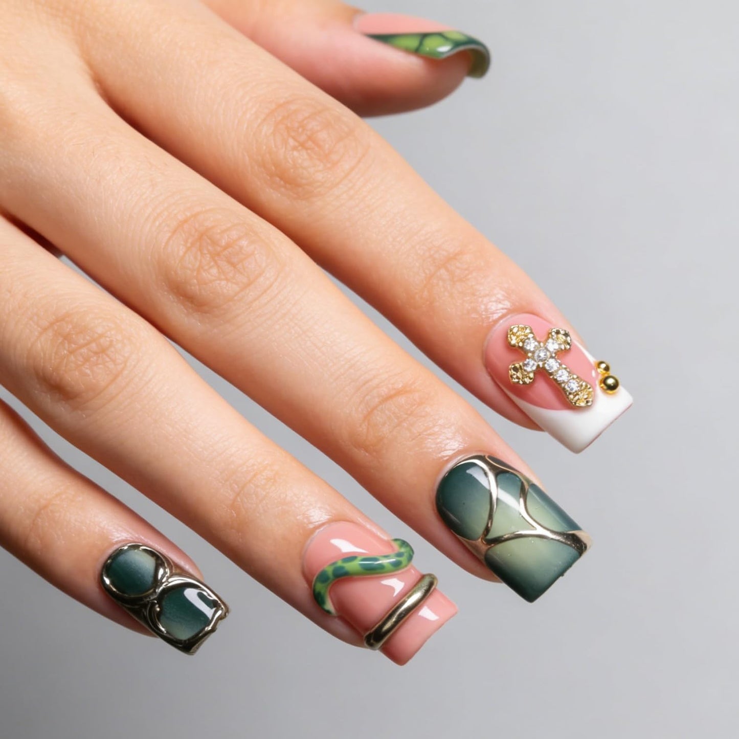 Handmade Square Press on Nails Green French Tip Short Stick on Nail 3D Silver Embossed Designs Luxury Rhinestone Pearl False Nails Muti-Layer Gel Acrylic Nails for Women Manicuare 10 Pcs（M)
