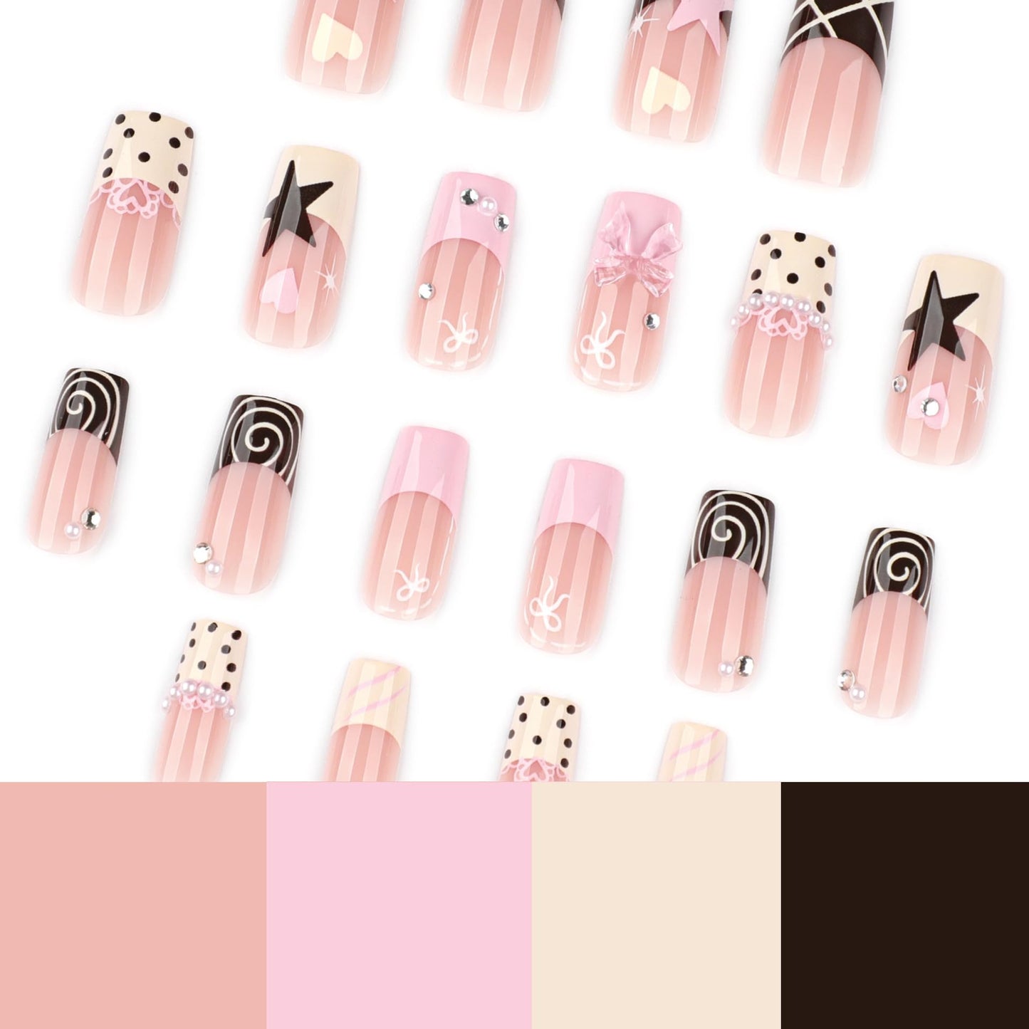 Medium Square Press on Nails Fake Nails Artificial Nail Stick on Nail for Women, Pink White & Black French Tip with Polka Dot, Star and Lace Designs, Sparkling Accents