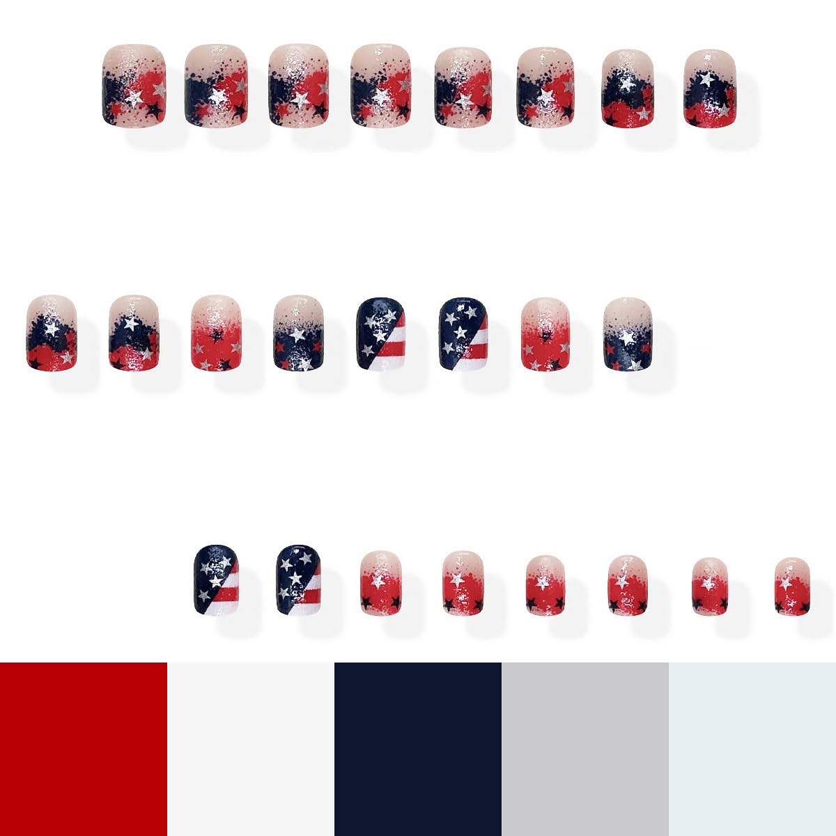 24Pcs Independence Day Press on Nails Short Square Fake Nails Glitter French Tip False Nails with Red Blue White Star Design 4th of July Artificial Stick on Nails Patriotic Glue on Nail for Women