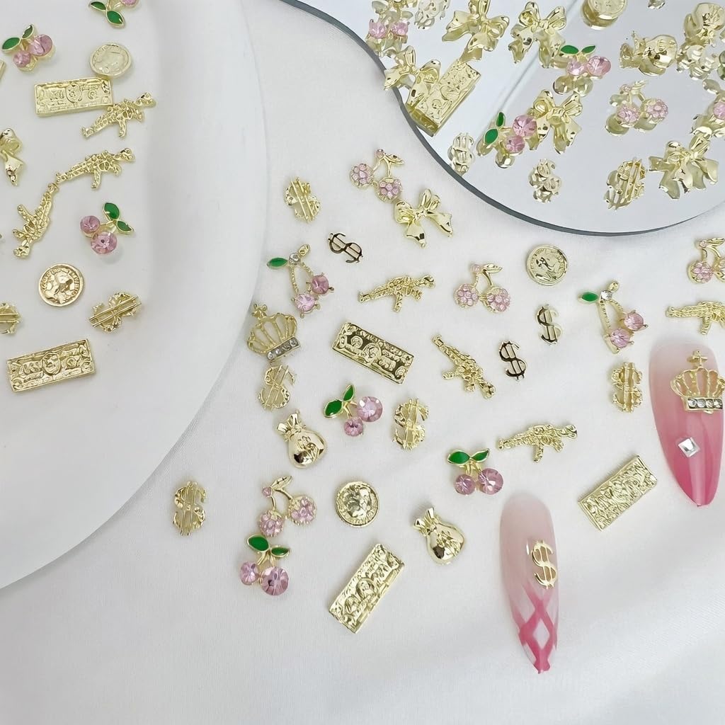 Pizadix 106Pcs Gold Pink Nail Art Charms, 3D Pink Cherry Money Bag Coin Gun Jewelry, Y2K Kawaii Luxury Designer Supplies for Nails