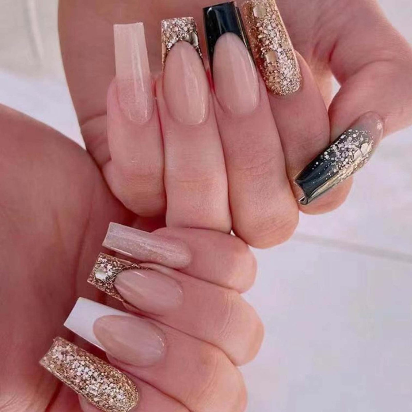 Hkanlre Fake Nails Gold Long Coffin French Press on Nails Acrylic Full Cover Ballerina Bling False Nails for Women and Girls 24PCS