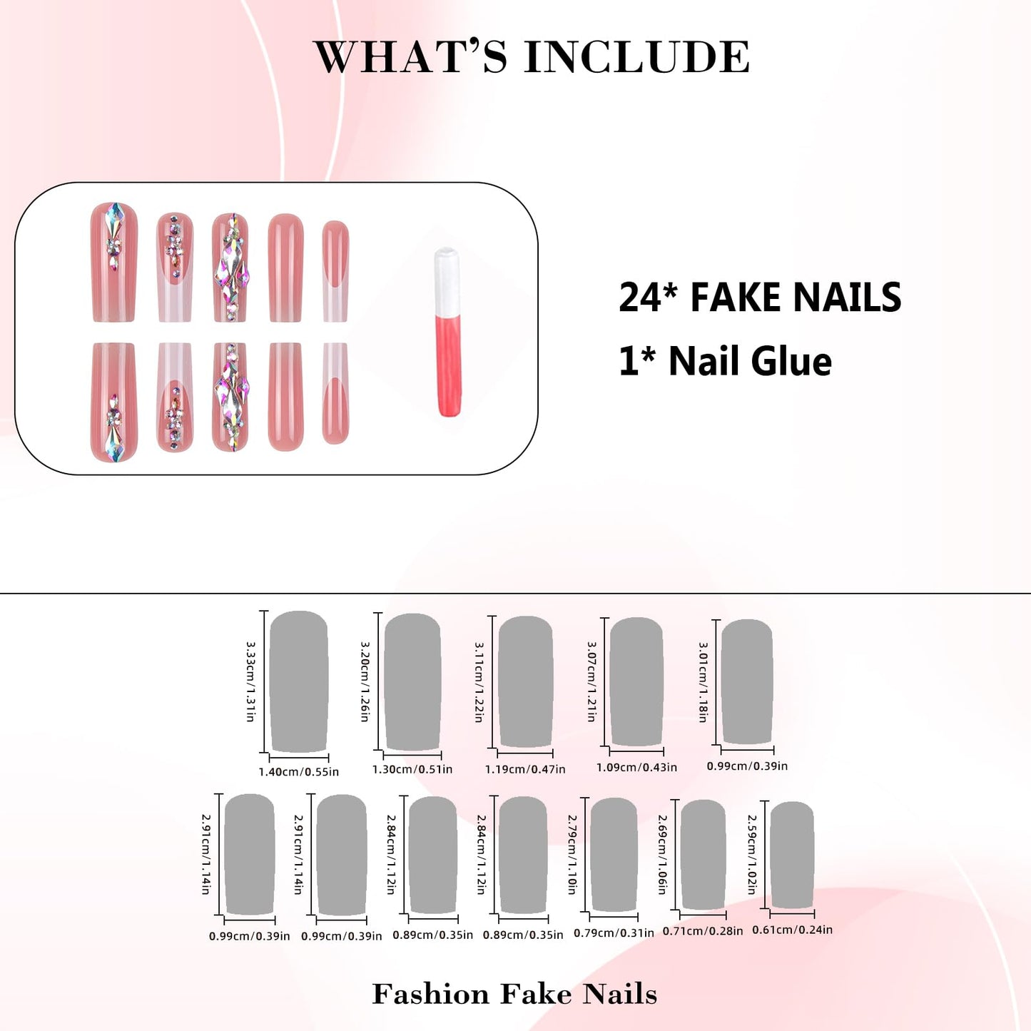 IMRAIN Long Square Press on Nails White French Tips Fake Nails with Rhinestone Designs Glossy Nude Glue on Nails Acrylic Squoval False Nails Full Cover Acrylic Artificial Nail Supplies 24Pcs