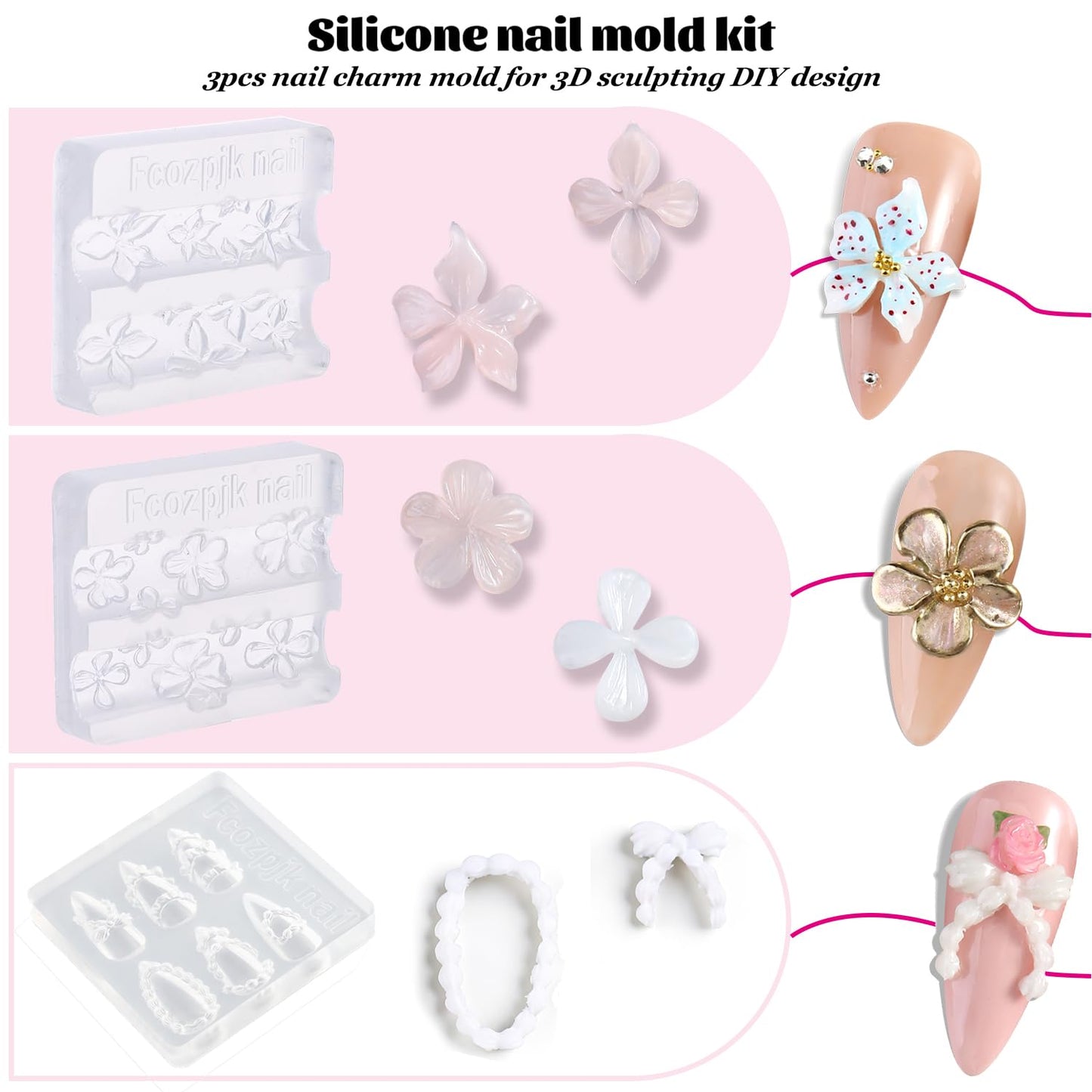 Fcozpjk 3D Gel Nail Art for Nails Starter Kit: 15ML Clear and White 3D Sculpting Gel with 3PCS Silicone Flowers Nail Charm Molds Gold Silver Chrome Powder Ombre Sponges Salon Supplies DIY Manicure