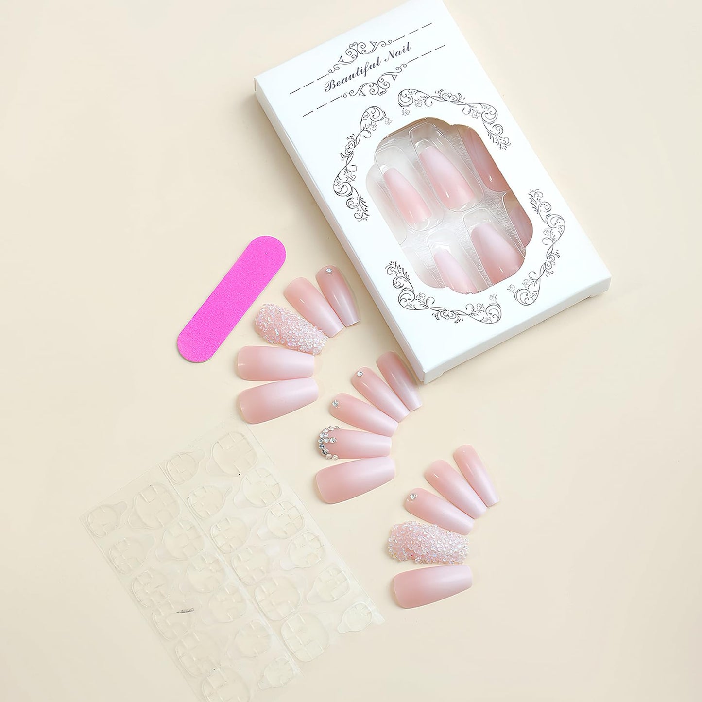 Jremg Pink Press On Nails - Long Square Coffin Fake Nails, Pink White Ombre, Full Cover Acrylic, Glossy Gradient False Nails with Design Rhinestone, Stick On Nails for Women Girls Manicure, 24Pcs