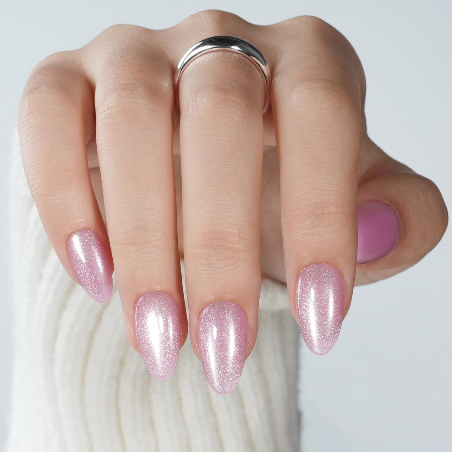 Pink Cat Eye Press On Nails Almond - Pink Short Almond Fake Nails, Cateye Press On Nails Reusable Stick On Nails in 16 Sizes, 32pcs False Nail Kit for Women & Girls (Petal Glow)