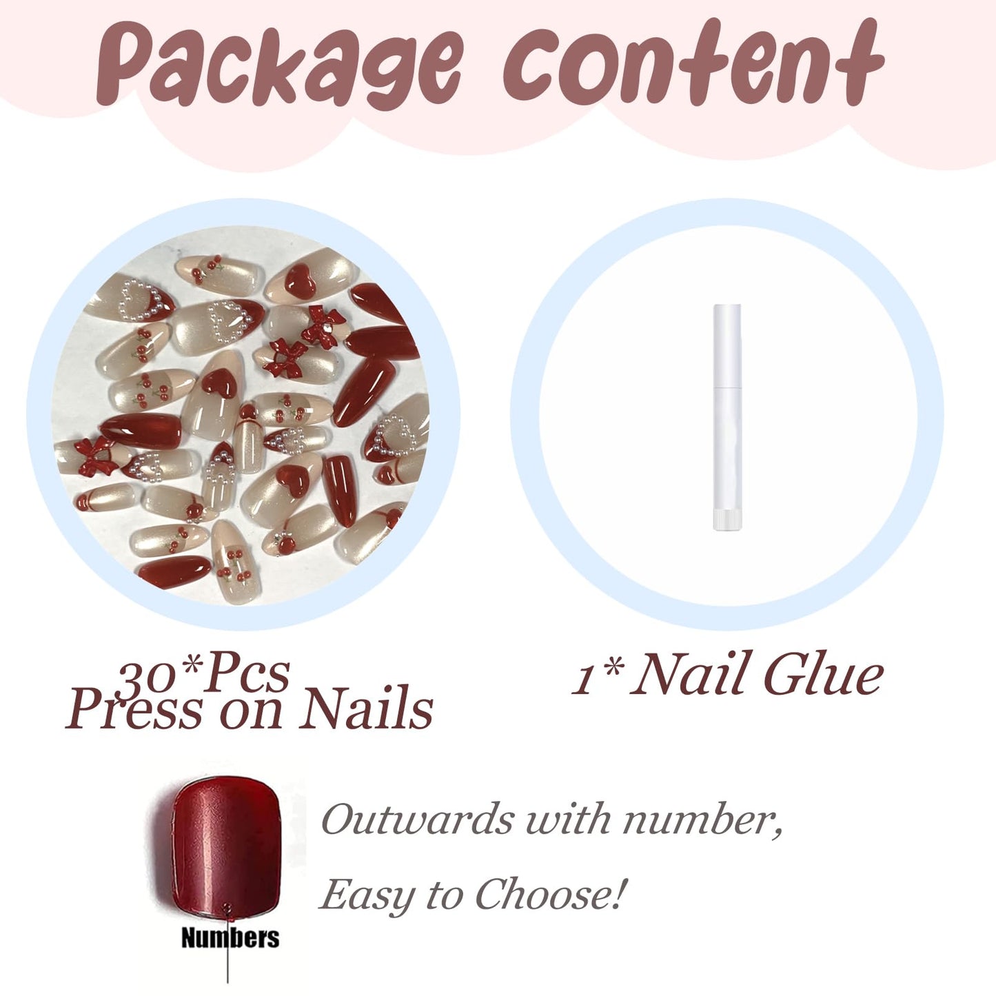 BABALAL Press on Nails Medium Almond Red Pink French Tip Fake Nails 3D Heart Cherry Design Handmade Cat Eye Shiny Acrylic Glossy Full Cover Glue on False Nails for Women and Girls 30Pcs Reusable