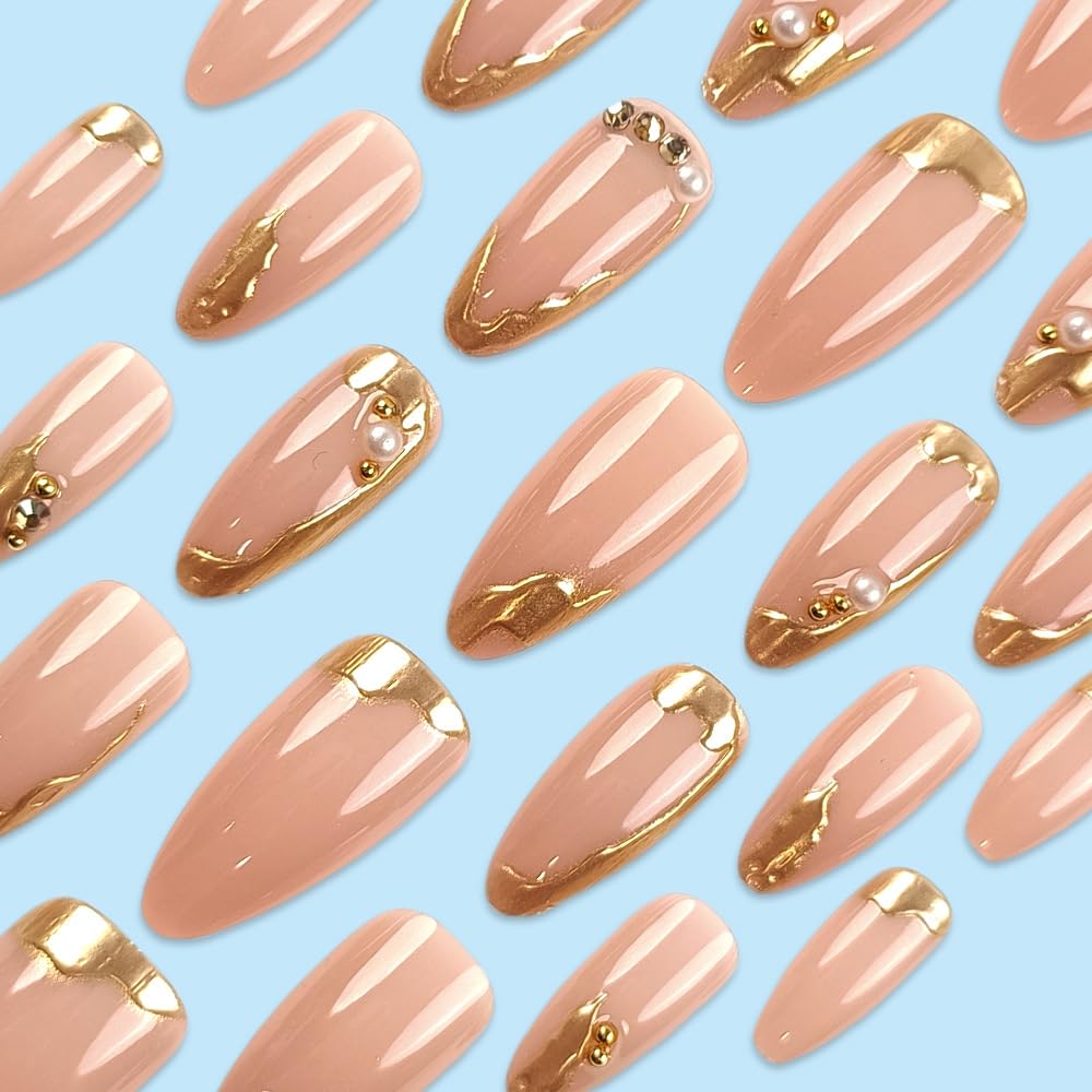 Gold French Tip Press on Nails Medium Almond Fake Nails with Pearl Designs 3D Irregular French Tips Gold Edge False Nails Glossy Nude Acrylic Glue on Nails for Women Girls Manicure Decorations 24Pcs