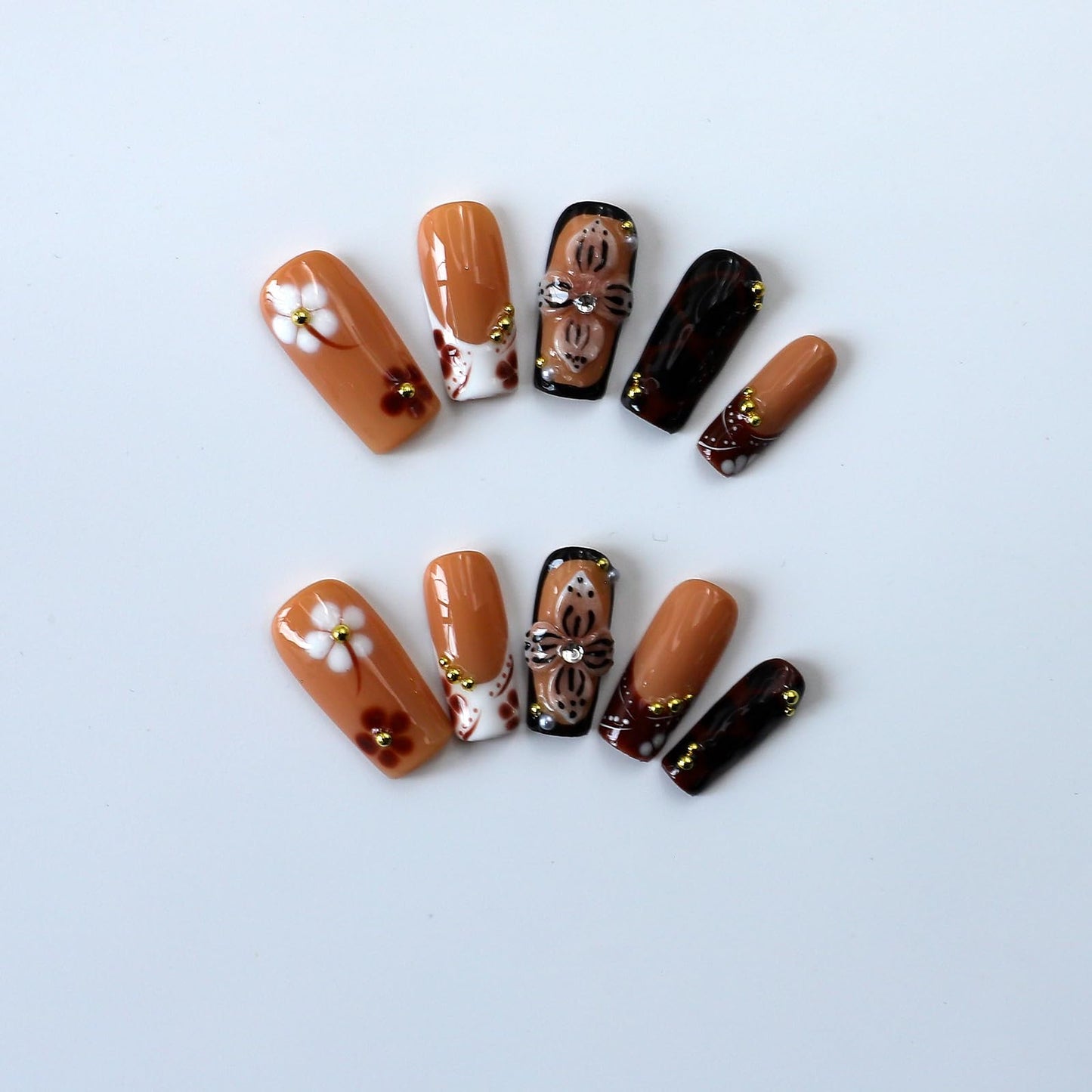 10Pcs Handmade Press on Nails Fall Coffin Fake Nails with 3D Flower Design Thick Acrylic and Muti-Layer Gel False Nails Handmade Nails Press ons Glossy Full Cover Stick on Nail for Women (S)