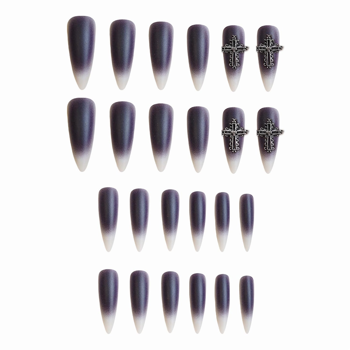 IMRAIN Press on Nails Long Stiletto Fake Nails Purple Ombre Matte False Nails with Metal Cross Charms Designs Goth Nail Art Glue on Nails for Women Girls 24Pcs