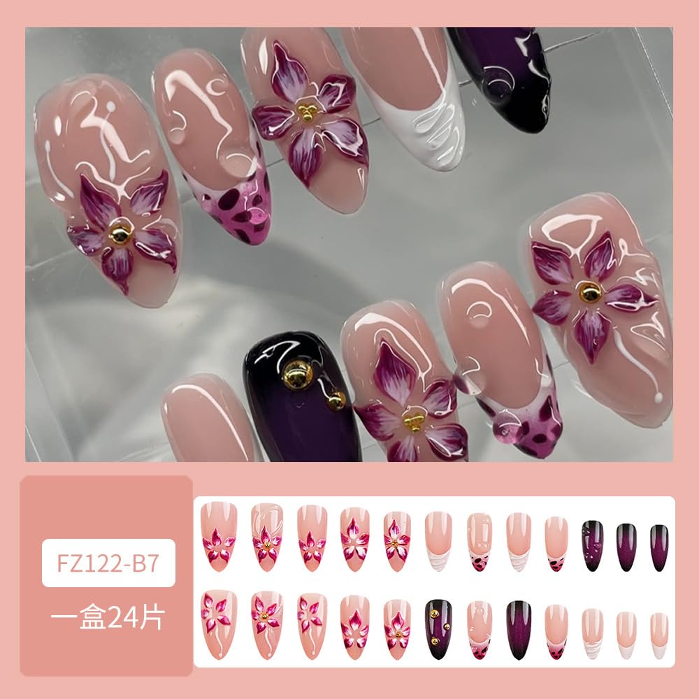 LBPEPAMZ 24Pcs Flower Press on Nails Medium Almond Fake Nails with 3D Floral Design Glue on Nails Gradient French Tip False Nail Gold Rhinestone Charms Acrylic Full Cover Stick on Nail for Women