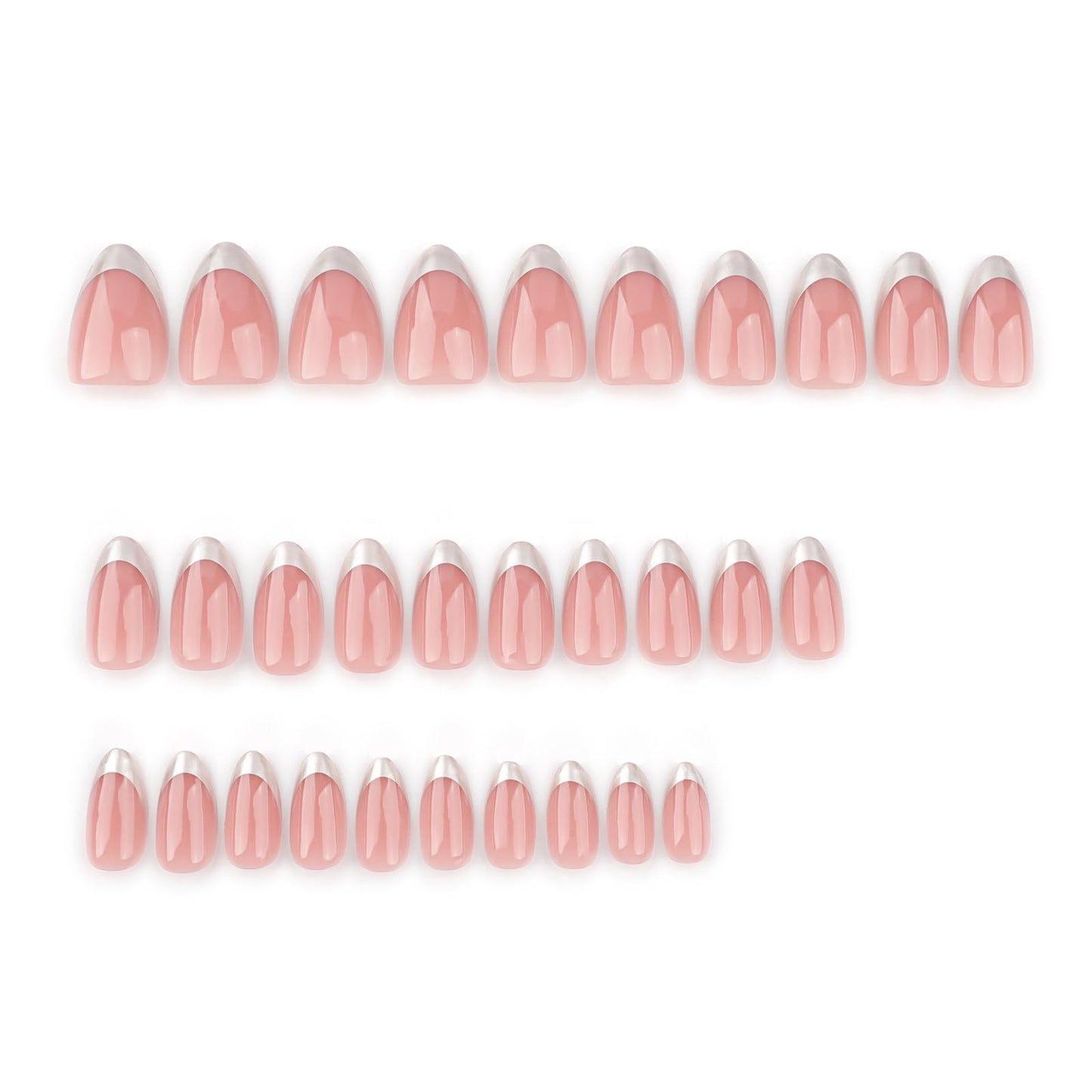Short Almond Press on Nails Silver French Tip Fake Nails Pink Press ons Acrylic Nails False Glossy Artificial Full Cover Stick on Nails for Women Girls 24 Pcs