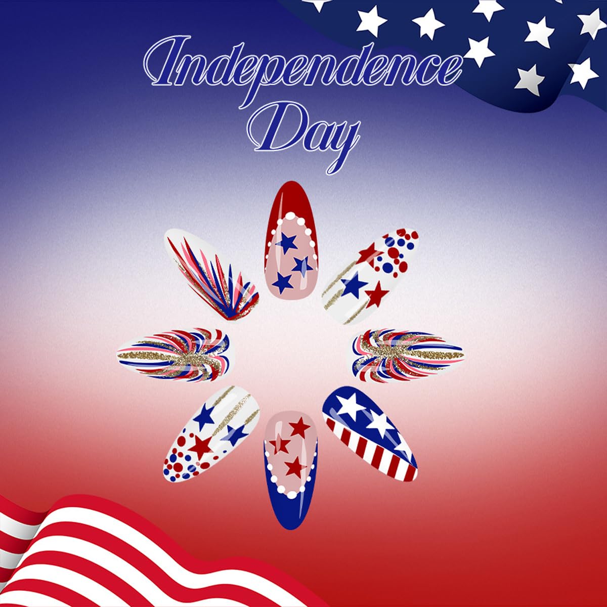 4th of July Press on Nails Medium Almond Fake Nails with Star and Fireworks Designs Red White Blue Nails Press ons Patriotic Theme Glue on Nail Independence Day Stick on Nails for Women 24Pcs