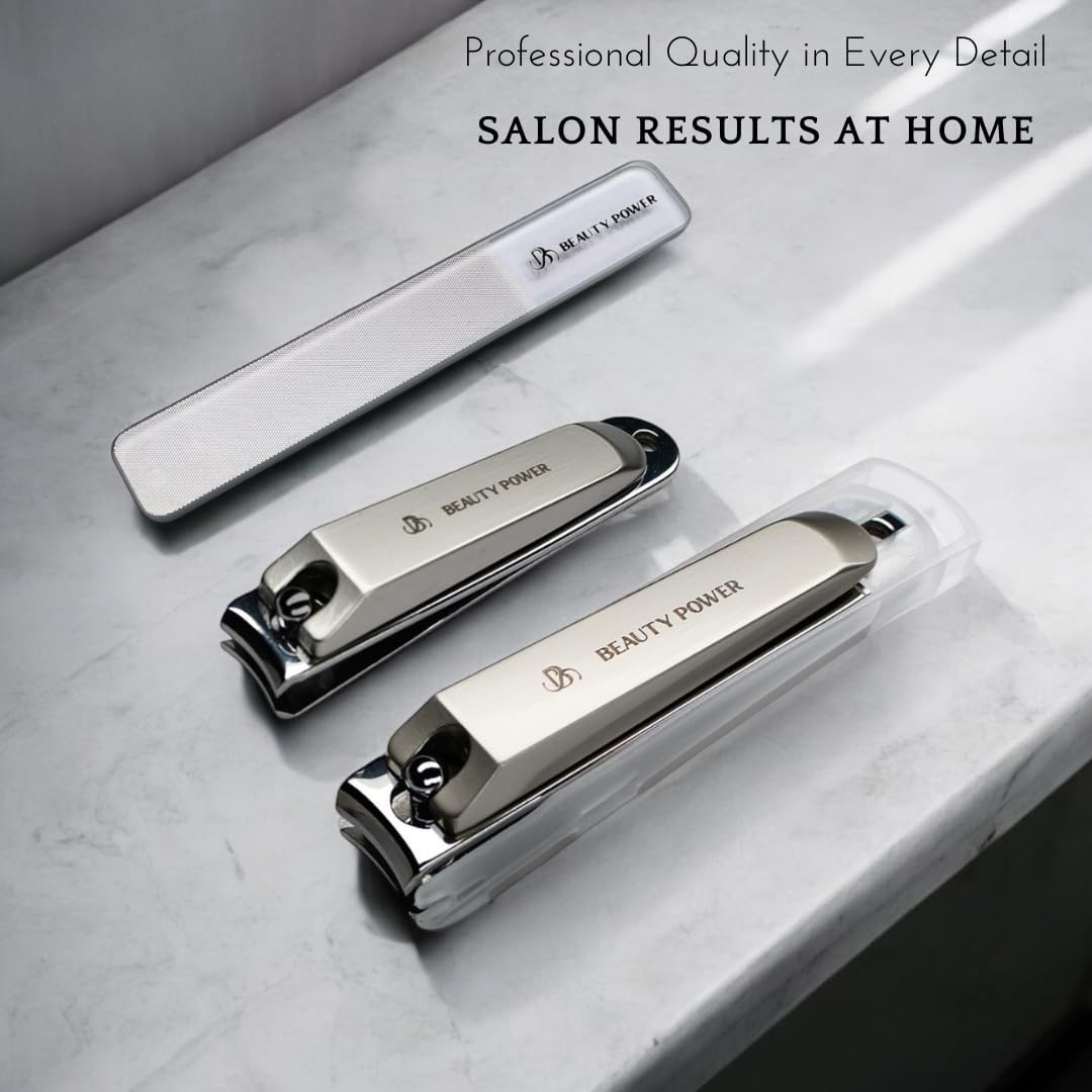 Beauty Power Nail Clippers Set 3 in 1 - Stainless Steel Toe Nail Clippers, Fingernail Clipper, Glass Nail File, Anti Splash, Ergonomic Grip in Brown PU Leather Travel Case for Men & Women - Gift Idea
