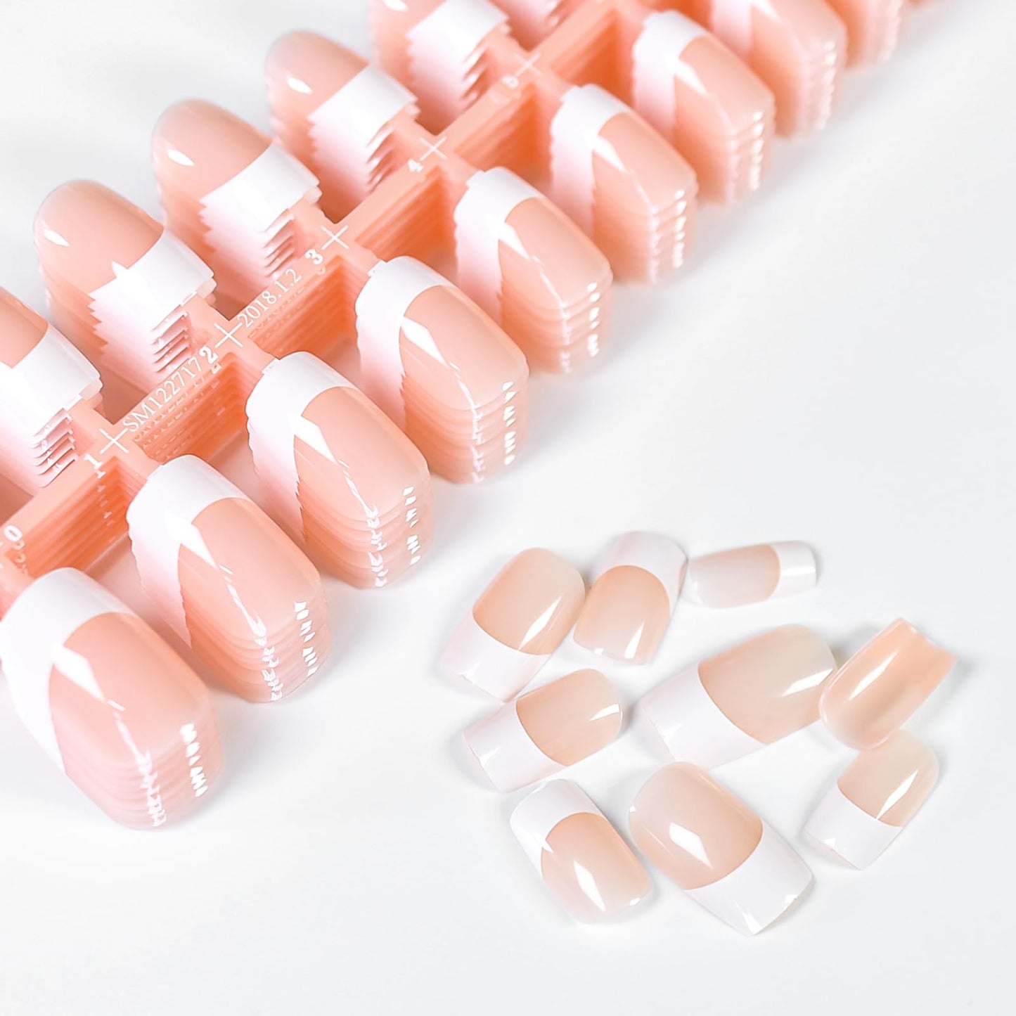 IKISKT 5 * 24pcs French Tip Press on Nails, Medium Short Square Pink, White French Gel Nail Tips, Fake Nails for Nail Women Girls Art 120pcs