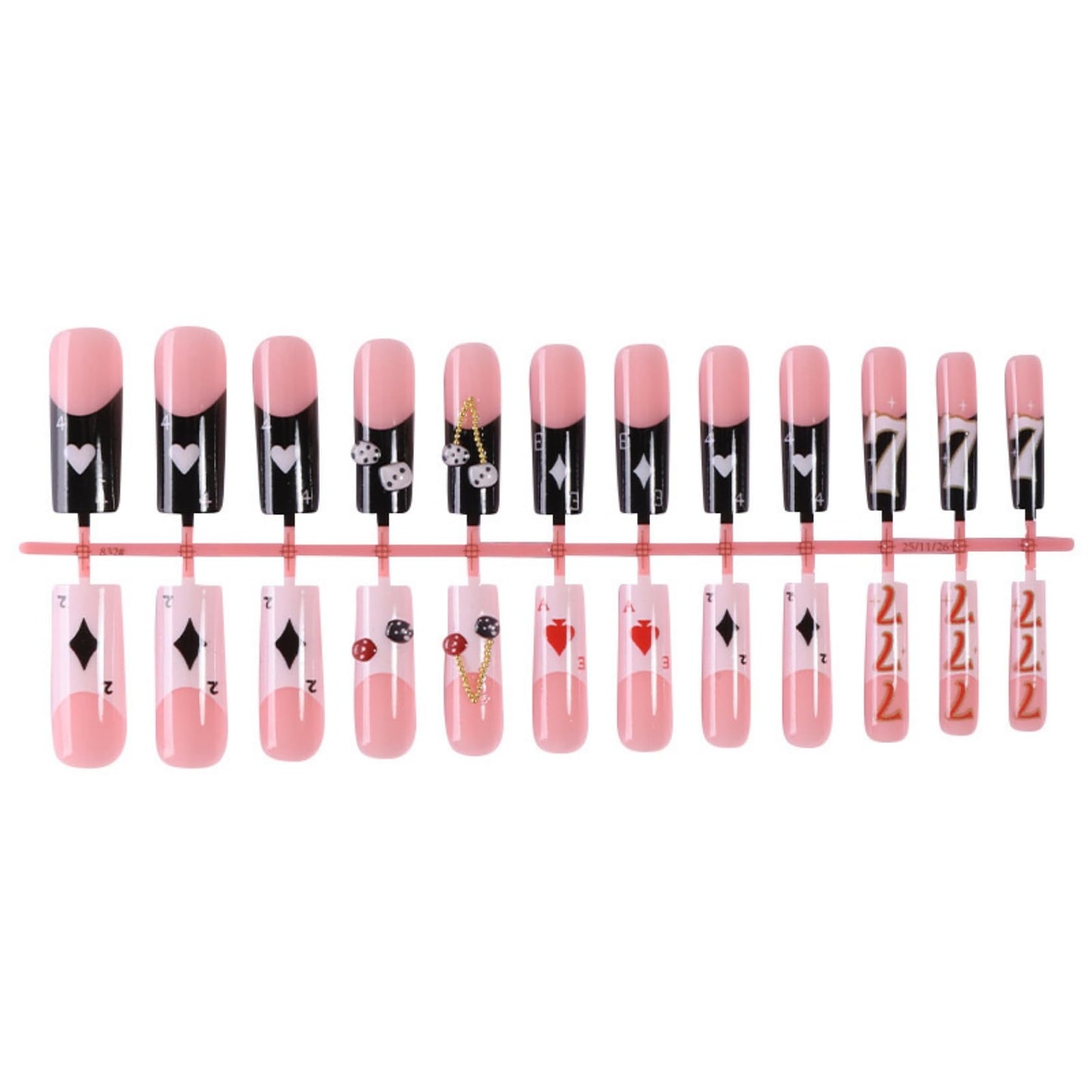 Pink & Black Poker Theme Long Square Press on Nails with Dice & Gold Chain Fake Nails Artificial Stick on Nails for Women, Casino Night Nail Art Set