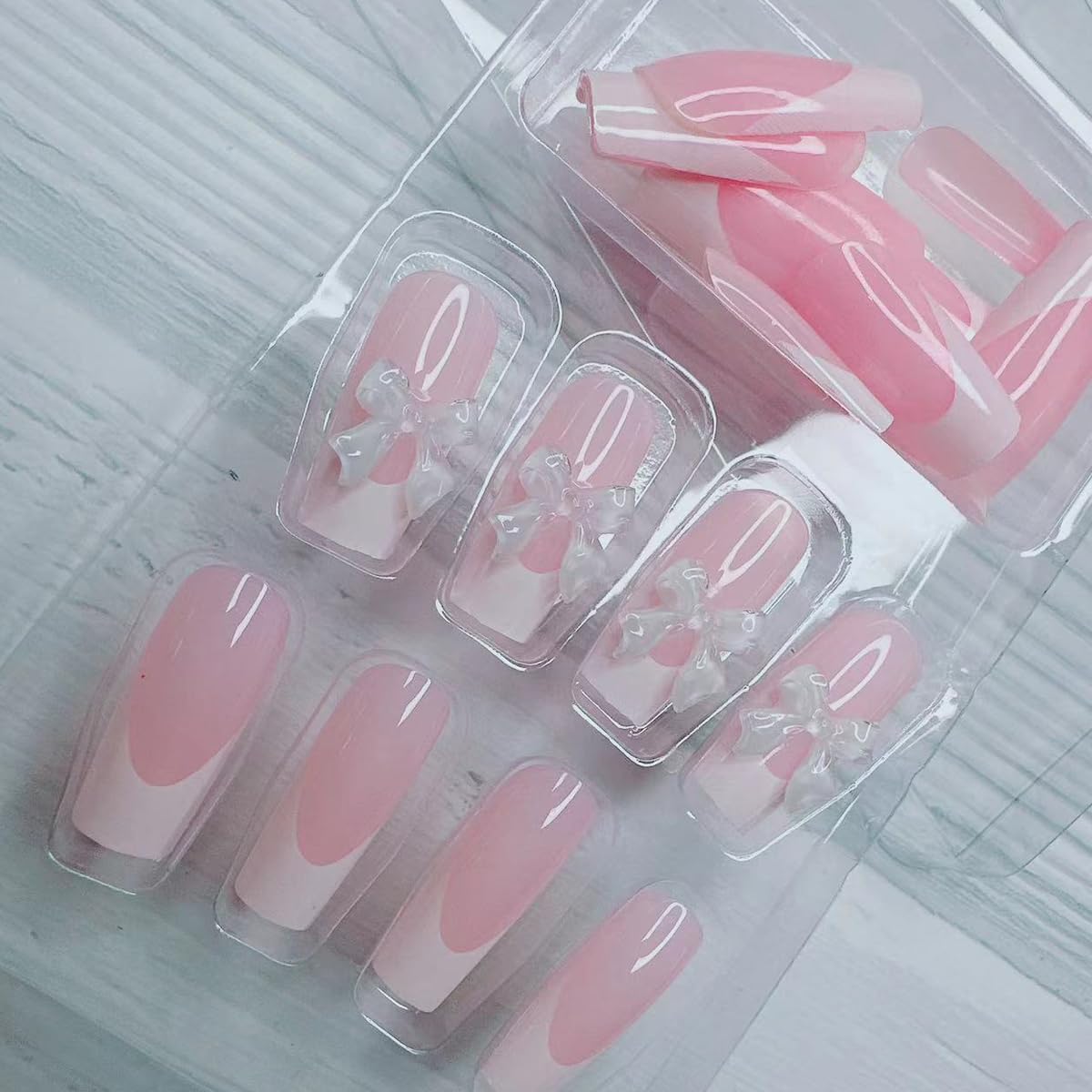 24pcs French Tip Press On Nails - Medium Length Almond Fake Nails With White Tips, Bow Charms & Nude Color Acrylic Finish - Perfect For Daily Wear & Manicure