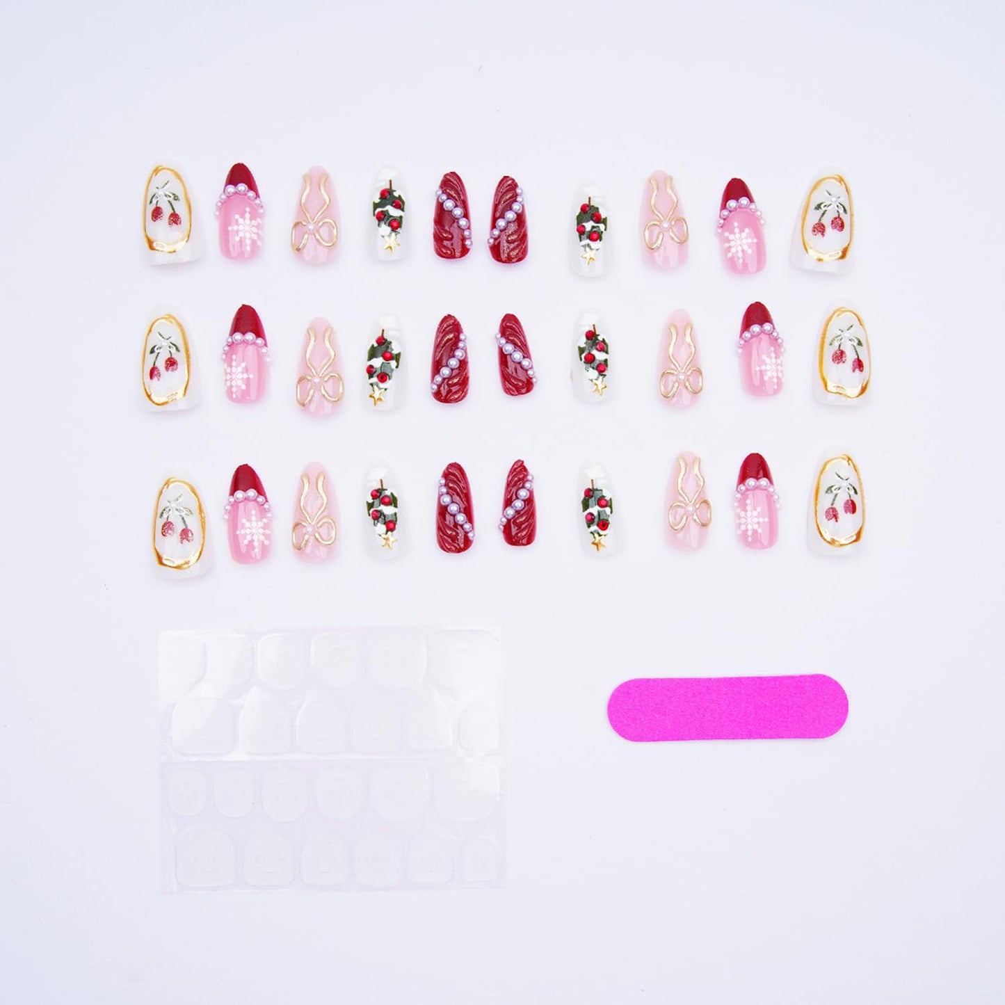 30pcs Christmas Press on Nails Medium Almond Fake Nails with Christmas Tree Bow Snow Pattern Xmas Gel Glitter Pearl Press on False Nails Design Autumn Winter Stick on Nails Gift for Women