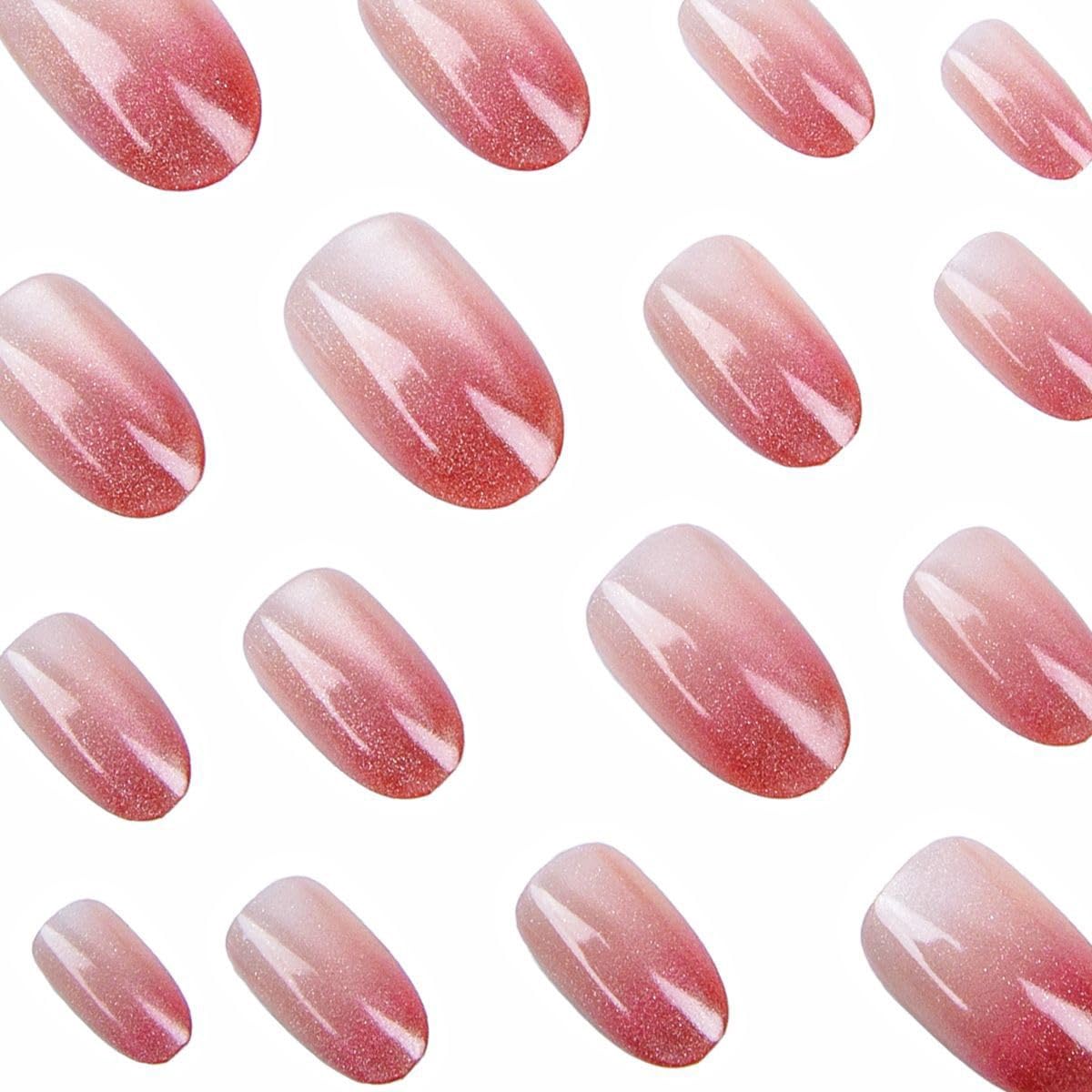 Short Press on Nails Almond - Red Fake Nails with Ombre Design - Glossy Glitter Full Cover Stick on False Nails - for Women 24 Pcs