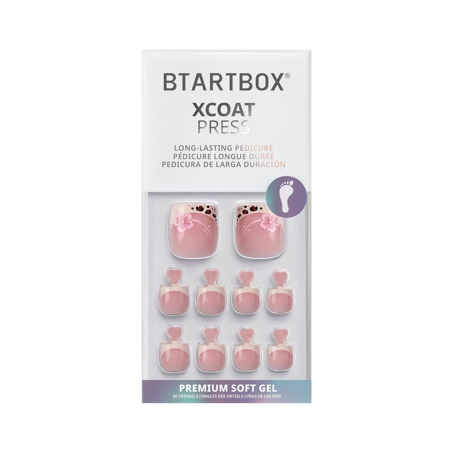 BTArtbox Press On Toenails Short - Wild Bloomery, Lamp-Curable 4-Week Wear Pink French Tip Square Toe Nail Press Ons with Glue and Adhesive Tabs, Easy-to-Apply in 15 Sizes - 30 Toenails All-in-One Kit