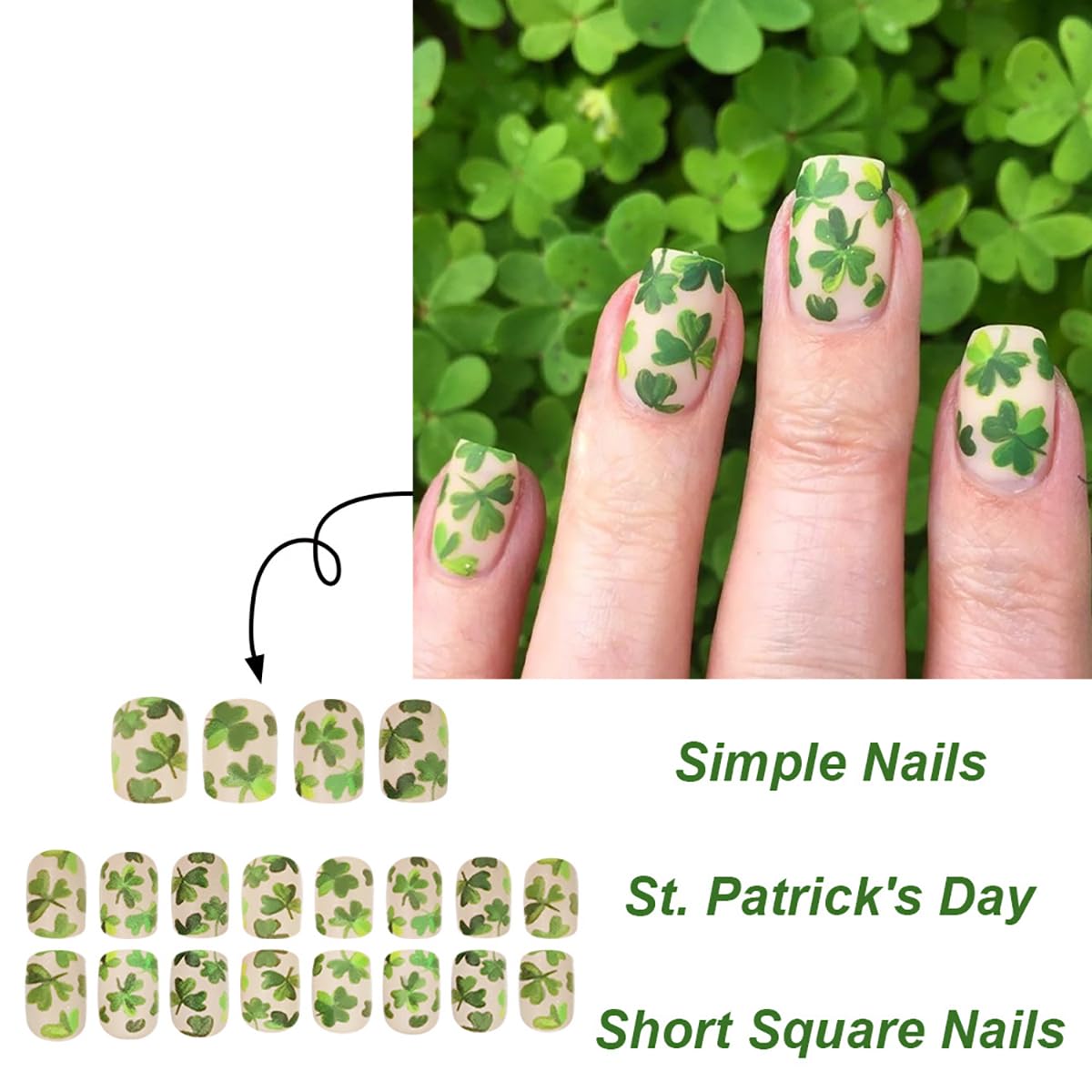 St. Patrick's Day Press on Nails Short Square Shamrocks Fake Nails with design Matte Shamrocks Acrylic Nails for Women DIY Manicure Tips Irish Saint Patricks Day Party Nail Decoration Supply 24Pcs