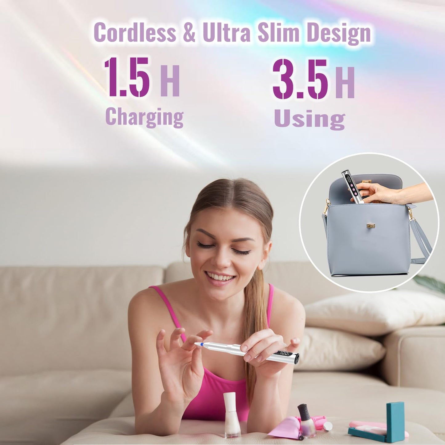 Denabuty Electric Nail Drill Cordless, 35000RPM Portable Electric Nail File with LCD Display and 12 Nail Drill Bits for Acrylic & Gel Nails, Professional Manicure & Pedicure Kit Set Silver