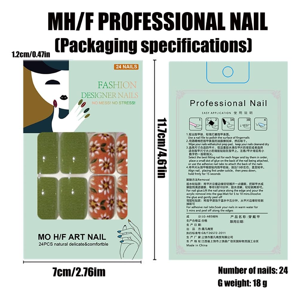 Flower Press on Nails Short Square Fake Nails with White Floral Design Glossy Green Glue on Nails Checkered Nails Press ons Reusable Full Cover Spring Summer Acrylic Nails for Women Manicure 24Pcs