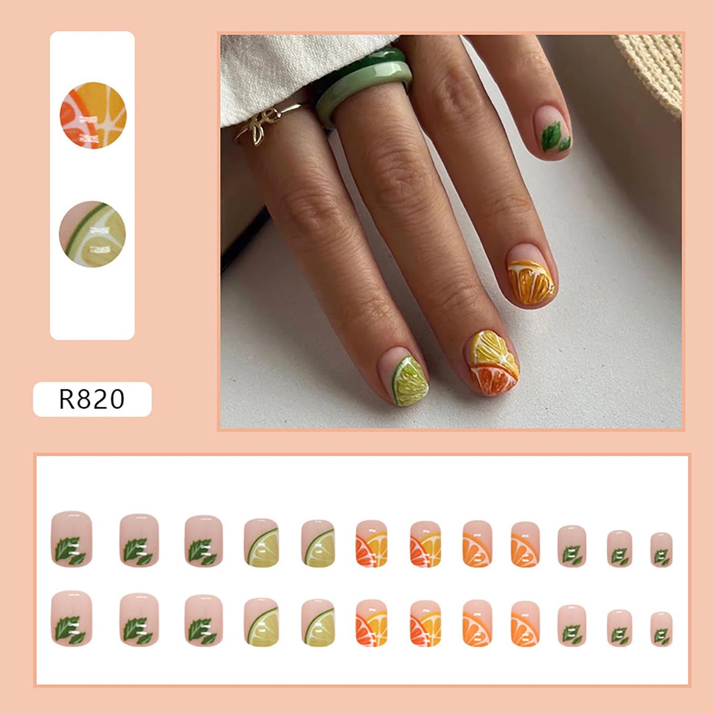 Vezocim Press on Nails Short Square-24Pcs Glossy Full Cover Acrylic Square Summer False Nails with Lemon Designs Artificial Extra Short Square Fake Nails with Glue Stick on Fingernails for Women