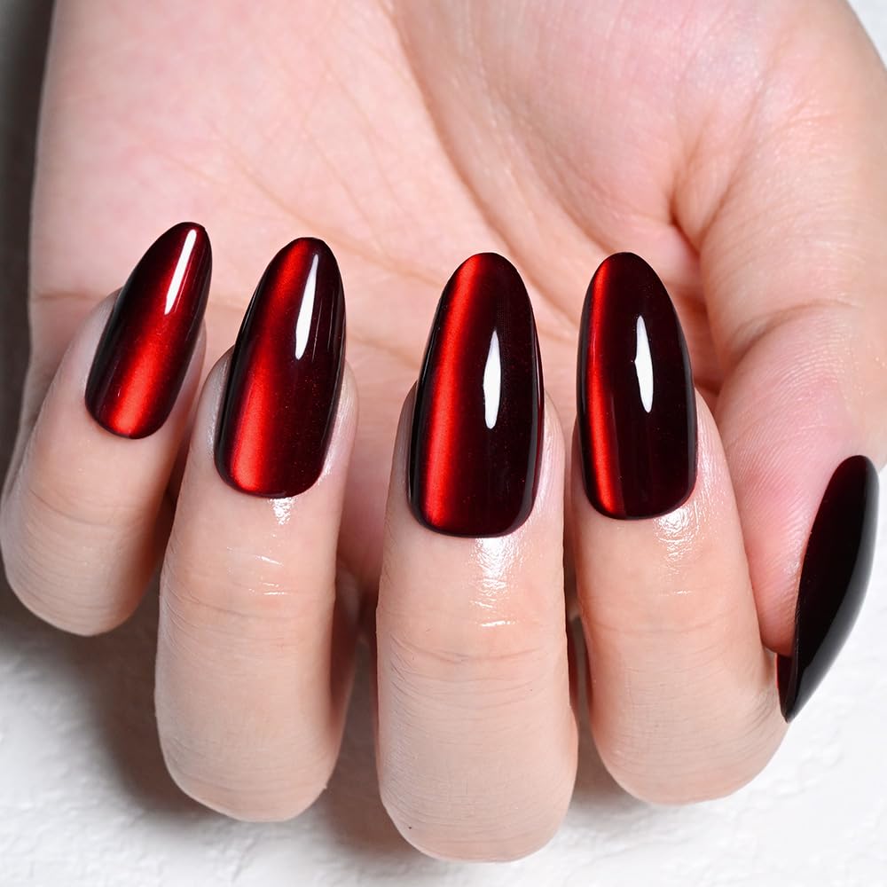 XZMeiLun Cat Eye Deep Red Press On Nails Almond Medium, Magnetic Acrylic Fake Nails Stylish Design, Salon-Quality Shiny Finish, Reusable Stick On Nails Kit for Women, Daily Wear (No Glue Included)