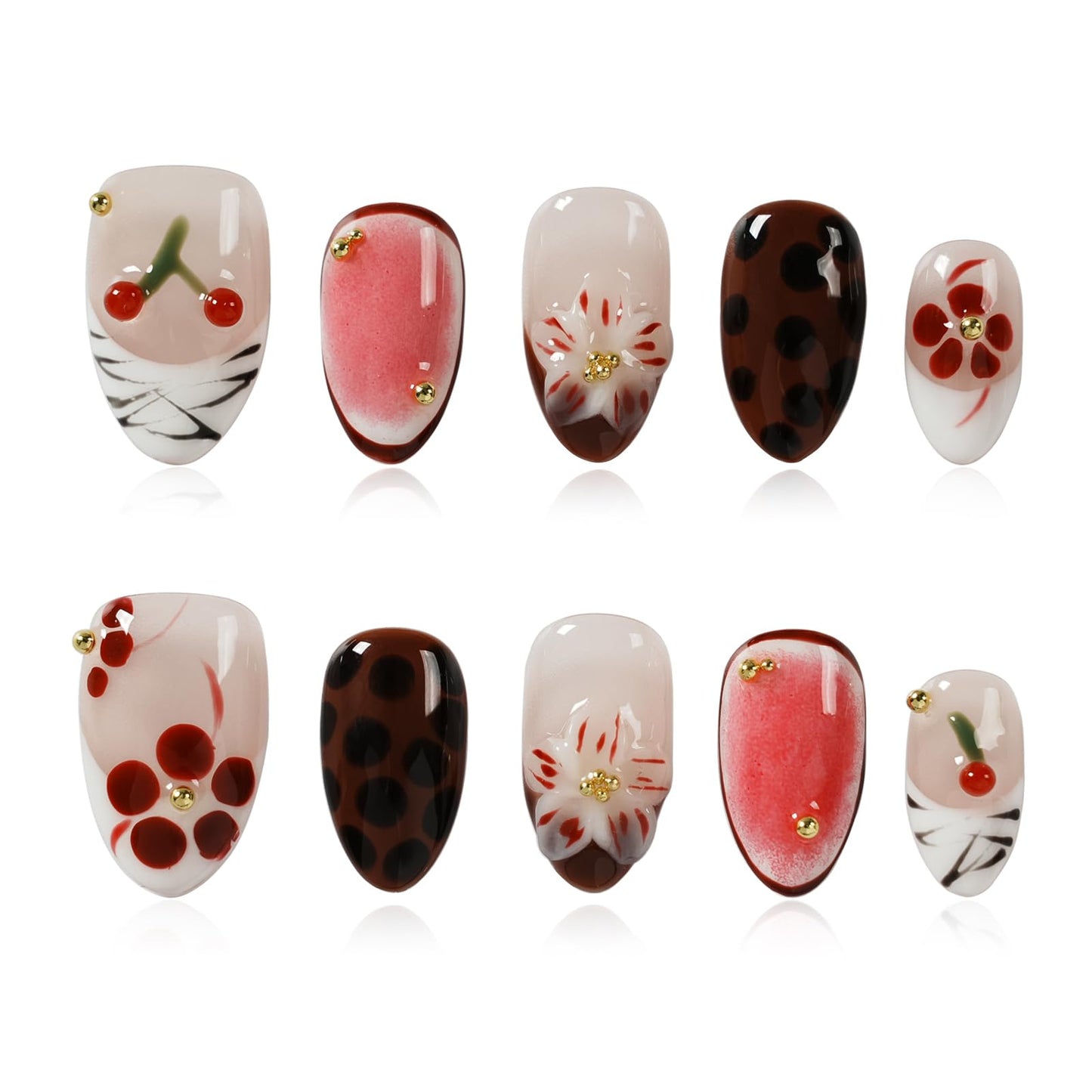 Tesytto Handmade Short Almond Press on Nails - Leopard Print & Cherry Floral Design, Coffee Dot Glossy French Tip Reusable False Nails (Leopard Cherry Fun, L)