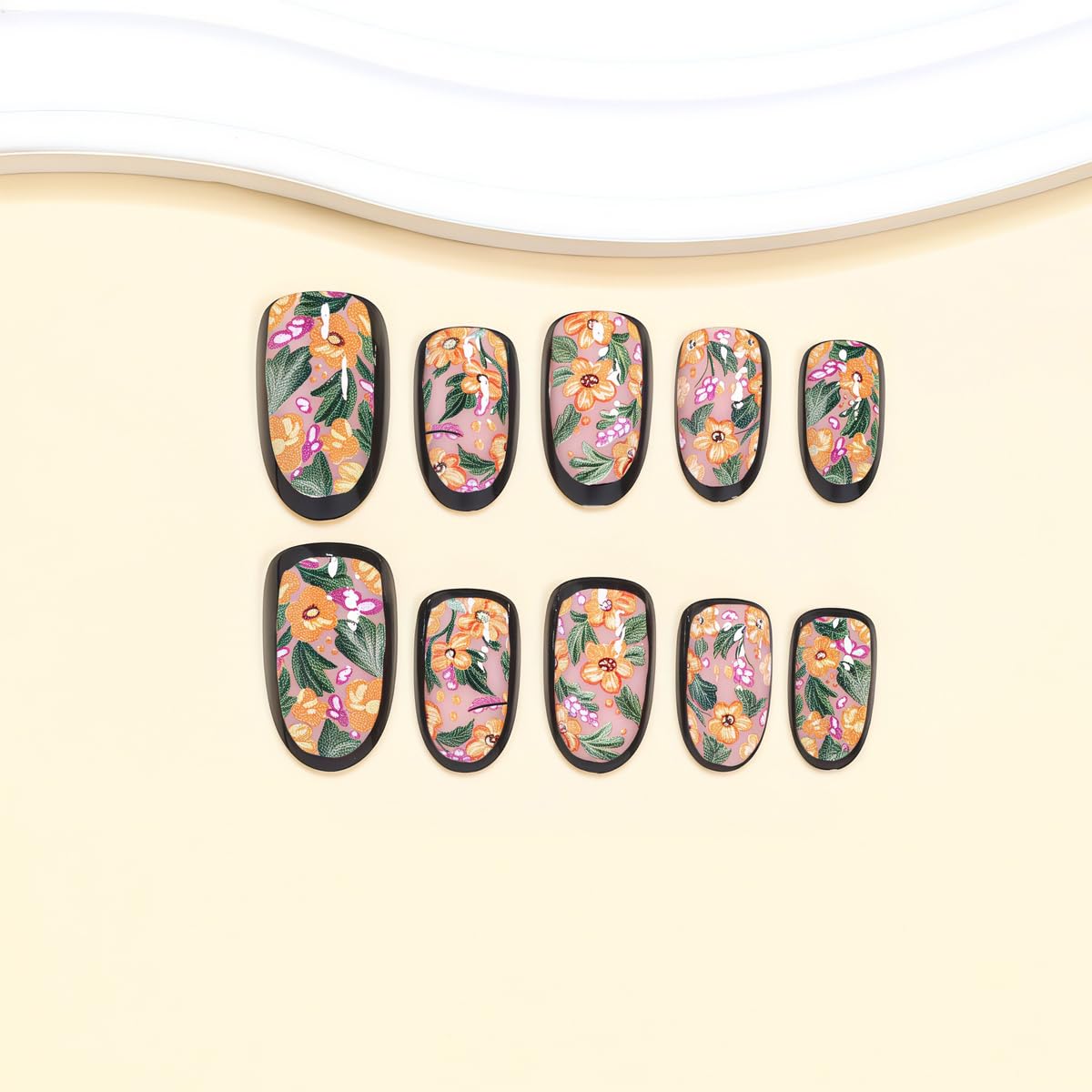 Press on Nails Short Oval - Orange & Pink Flowers with Green Leaves, Cute Garden Floral Design, Full Cover Glossy Fake Nails 24PCS for Women