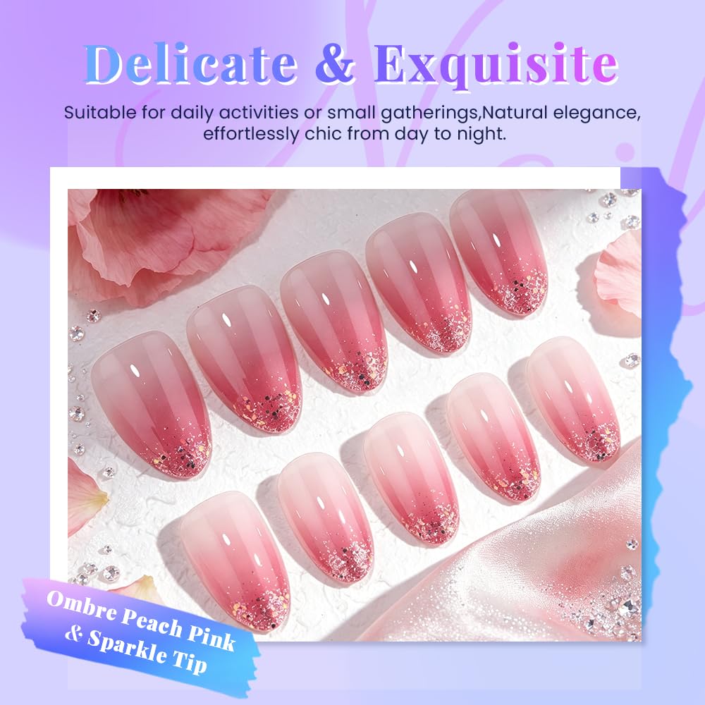 evpct Ombre Peach Pink Press on Nails Short Almond, Sparkle Tip Nail Glossy Stick on Nail for Women Gift with Manicure Kit, Reusable Full Cover Soft Stick on Fake Nails with Ombre Design Perfectly Fit